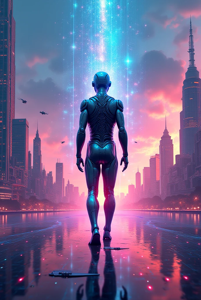 (mid_shot:1.3),(1 male:1.2),(muscle man:1.1),(frontal illumination:1.2),with a silver body and glitters with lights above,extreme iridescent reflection,in the style of vray tracing,vibrantmanga,shiny/ glossy,rococo pastel,fluid form,tinycore,fluid impressions,vray,machine aesthetics,yanjun cheng,silver,shiny eyes,fluidform.,the young warrior,male characteristics,