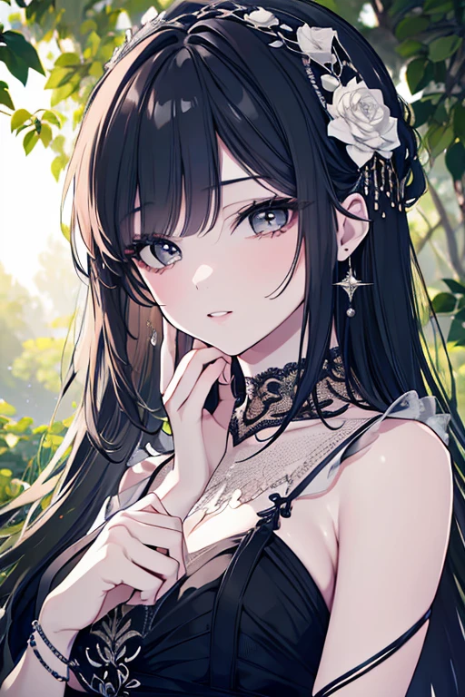 masterpiece, Highest, night, full moon, 1 female, mature woman, Chinese style, older sister, royal sister, smile, dark brown hair, black hair, princess cut, Braid, curly hair, double ball head, pale pink lips, Calm, intellectual, medium hair, green eyes, hydrangea, delicate face,