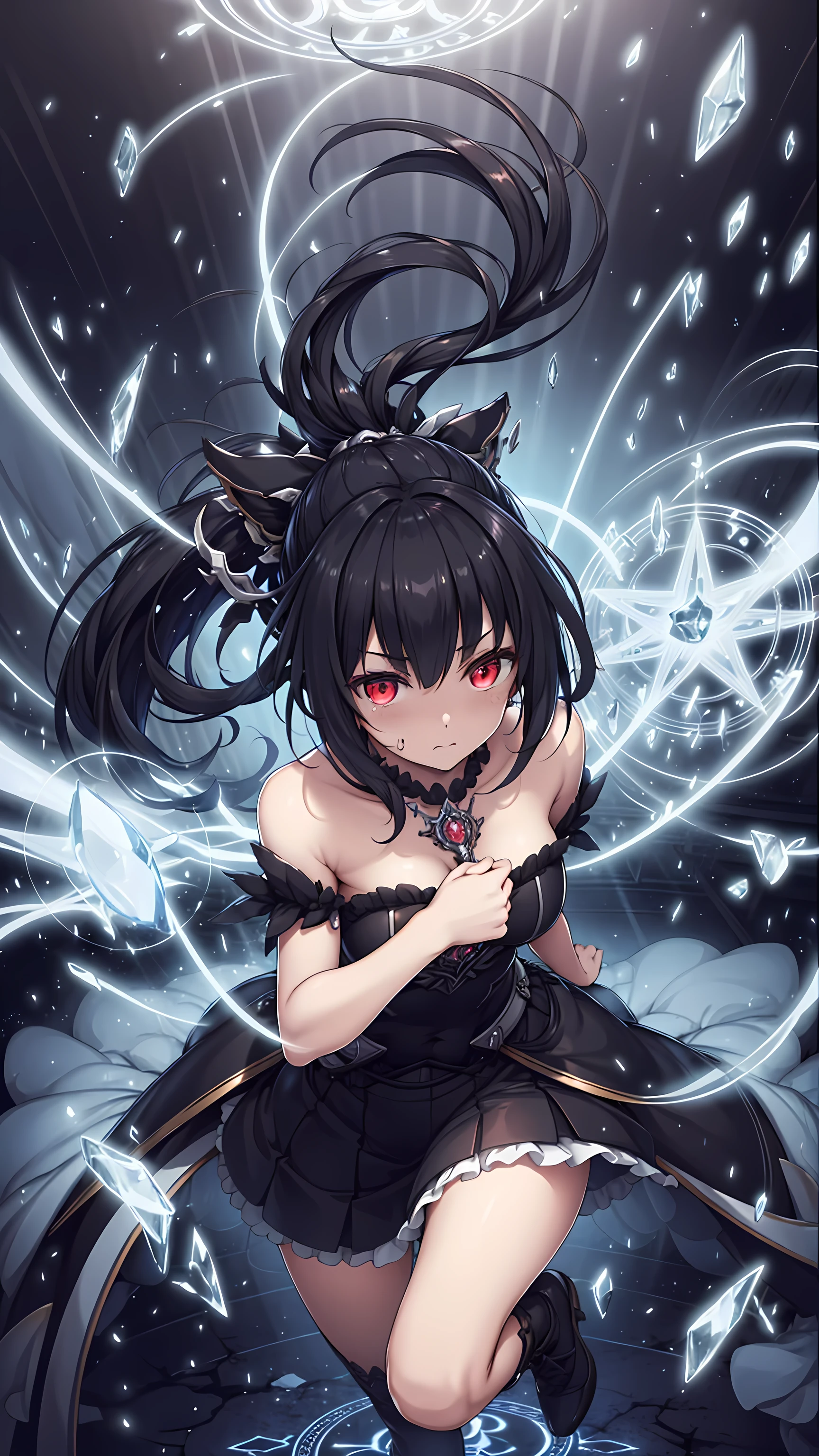 ( masterpiece, best quality, Super Fine, Best shadow), ( detailed background, Dark Fantasies ), (Beautiful and detailed face ), high contrast , (Best lighting, extremely delicate and beautiful ), (( cinematic lighting )), colorful, super detailed , dramatic light , Intricate details, ( 1 girl, unique , Black Hair, sharp face ,Low double ponytail, red eyes, Eyebrow hair, dynamic angle), Blood, black light swirling around the character , Depth of Field,Black light particles ,(Broken Glass),Magic Circle,
