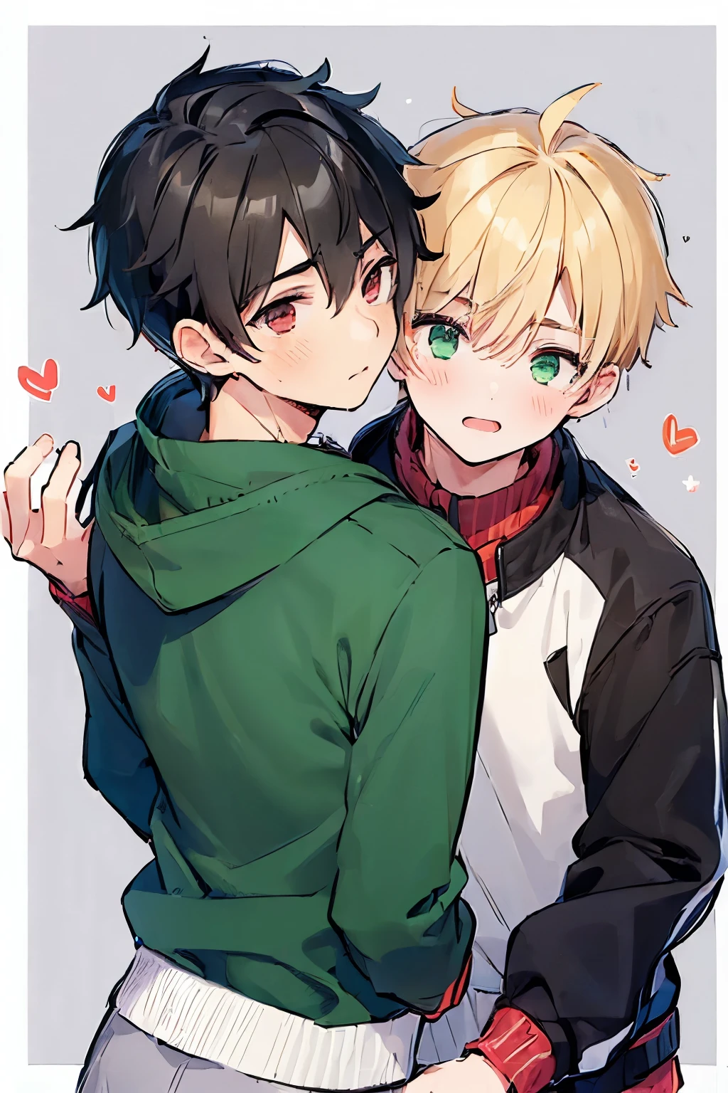 ((boy :1.5)),((Yaoi:1.35)),((gay couple:1.0)), black hair,Blonde, red eyes, green eyes,(long sleeve puffer jacket:1.0),(red cheek:0.8),Lustful,(( crouch:1.0)),POP and cute background,close up face,looking back
