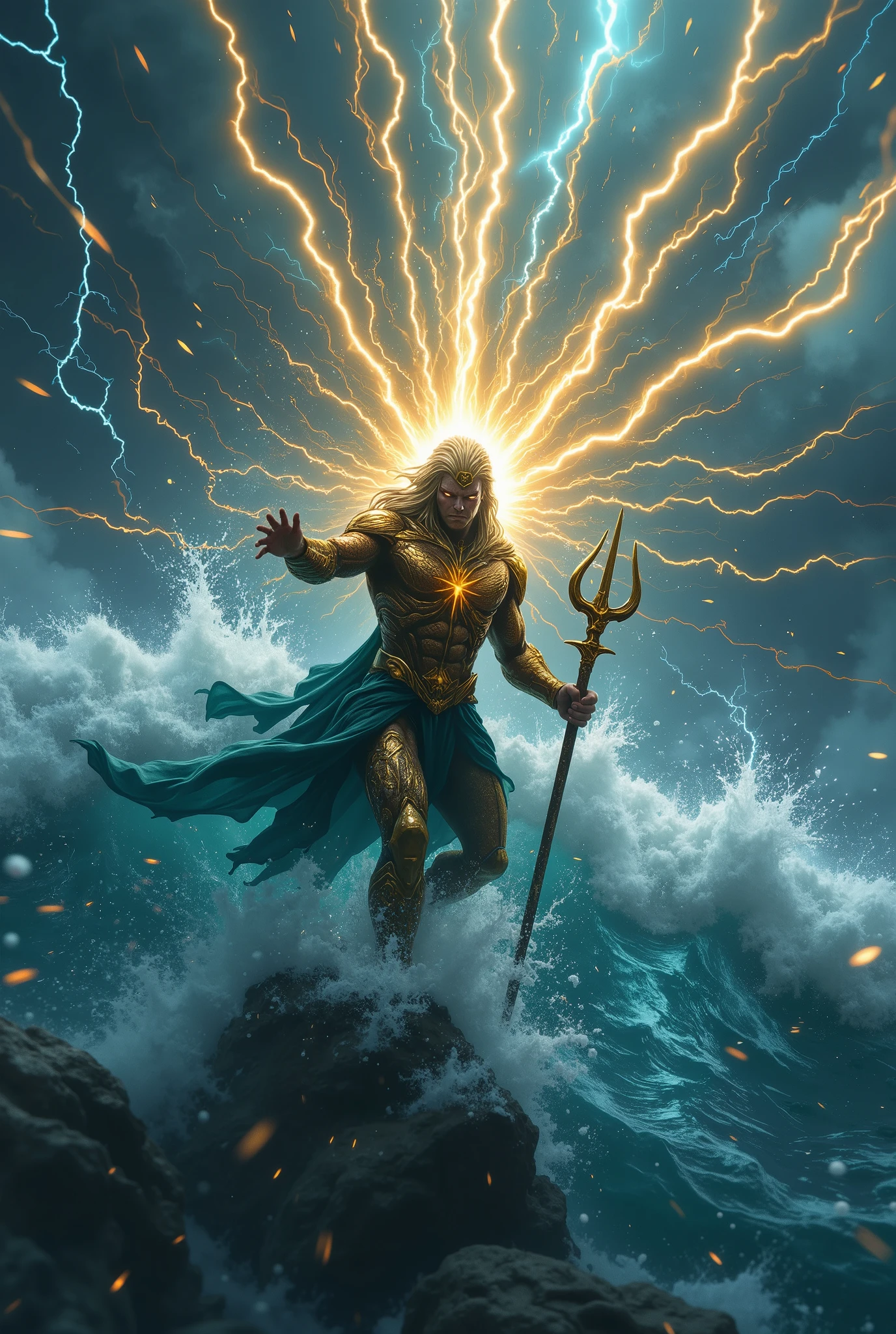 storm Suprema (storm + aquaman)
Pose: Wielding the trident in one hand , with the other arm raised , summoning rays . The body is in balance on a wave .
physical: character's, with powerful arms and shoulders , representing physical and elemental domain .
Light and Environment : Golden rays emerging from the trident , while a blue-gray light reflects on the water . Fog surrounds the scene .
angle: High Angle - Camera above , showing its powerful figure dominating the environment.
scenario: An ocean in a storm , with high waves and lightning in the background .