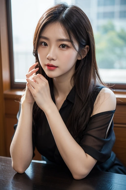 table top、highest quality、real、Super detailed、finely、High resolution、8k wallpaper、one beautiful woman、、light brown messy hair、He is wearing a black see-through dress shirt with an open collar、sharp focus、perfect dynamic composition、beautiful detailed eyes、thin hair、詳細なrealな肌の質感、smile、close up portrait、model body shape