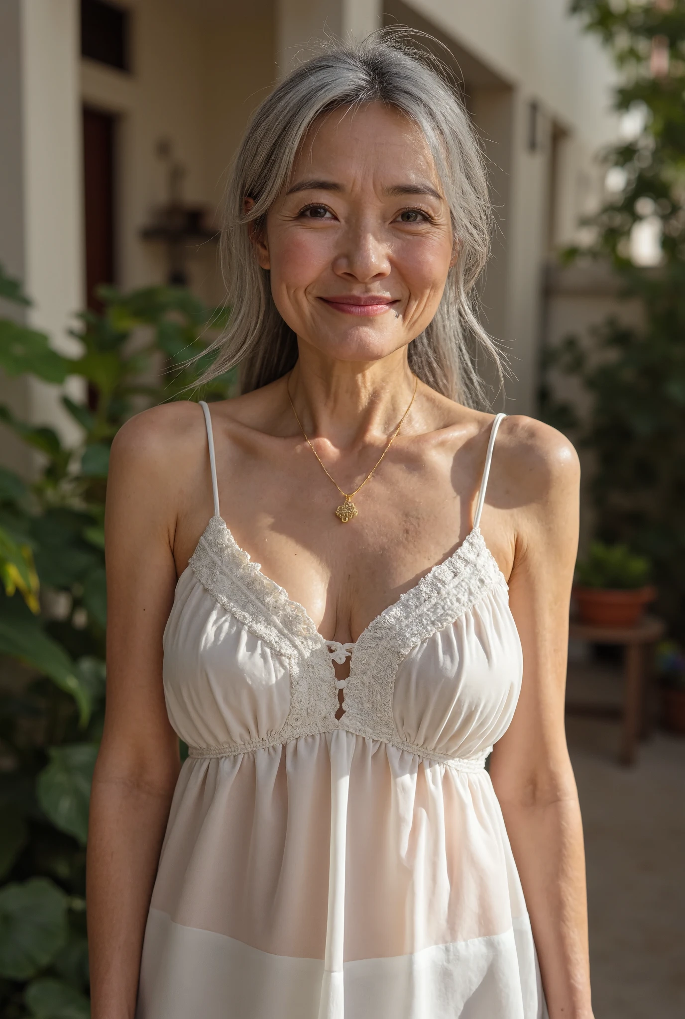 Photorealistic 、 full body image 、5 beautiful old women who are good friends、70 years old、 Japanese、Charismatic Old Prostitute 、 with a thin and poor body、Damaged gray hair ponytail、 small wrinkles and freckles and moles on the skin 、Wedding Rings、Happy smile、I'm wearing a small, obscene mini nightgown in pure white、Stiletto heels、They are having fun together in front of the beautiful top brothel, the Crucifixion, illuminated by the bright sun、 looking at the camera