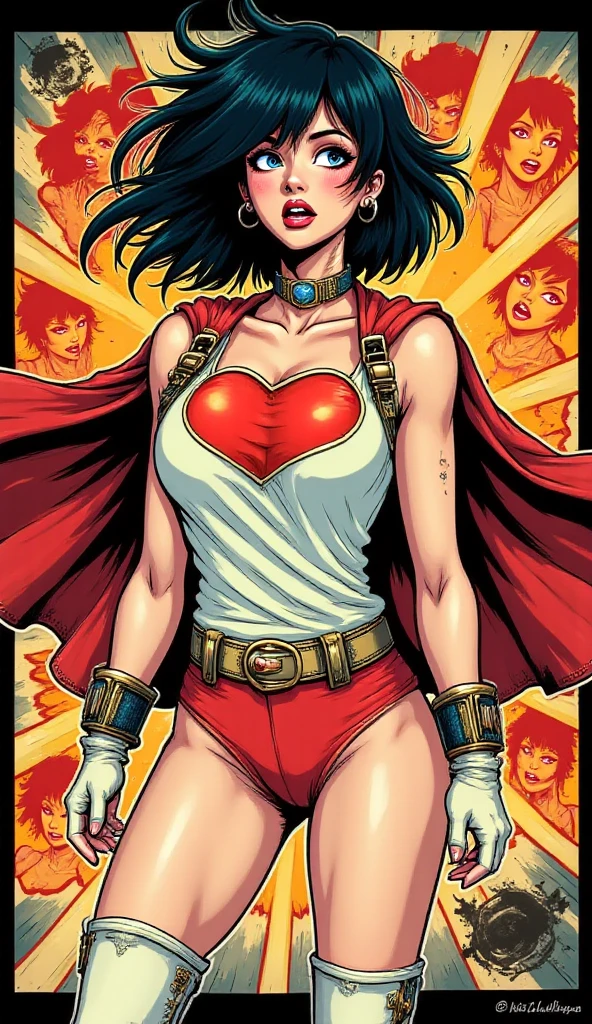  junto com o demolidor personagem das HQs da Marvel  de 35 anos, Jennifer Connelly very long to the waist and half curly with bangs, seios pequenos, olhos grandes com um brilho apaixonado, olhos verdes mel, Um lindo sorriso, vestindo uma camiseta preta longa com um terno feminino verde e jeans, in a serious and sweet comic-style pose, alta qualidade Jennifer Connelly (estilo de desenho animado:1.2),  [(lindas mulheres de meia idade]) desenho de vestindo um moletom folgado e oversized, grande sorriso, olhos perfeitos, rosto detalhado, fundo de festa, pose divertida, olhar sedutor, confete, simple white background along with a demolition man character from the Marvel comics a drawing of a man with a red outfit and a red mask, devil man the character&#39;s name is chad, Reckless, teiro, por Thomas Dalziel, corpo inteiro em tiro, boys tv show superhero, estilo Mike Mignola, devilman selvagem de corpo inteiro, , close up