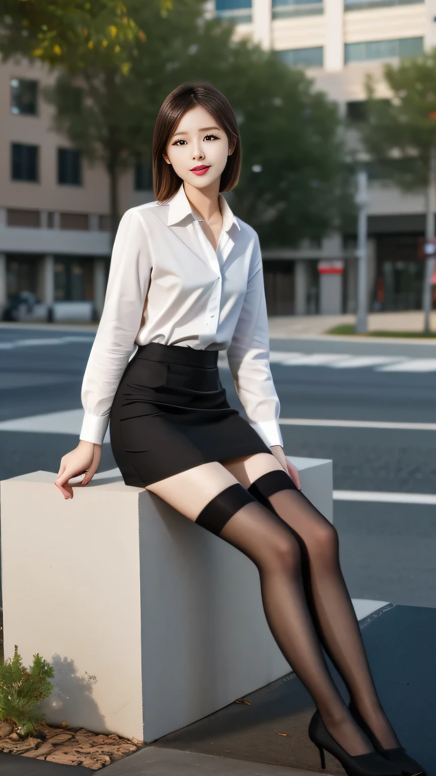 Japanese woman, beautiful face,、Long black hair、,White shirt、Black miniskirt
、 Beautiful feet、、barefoot、tall、Black high heels、Black Stockings、Model Pose、Sexy pose、Sit on a chair and cross your legs