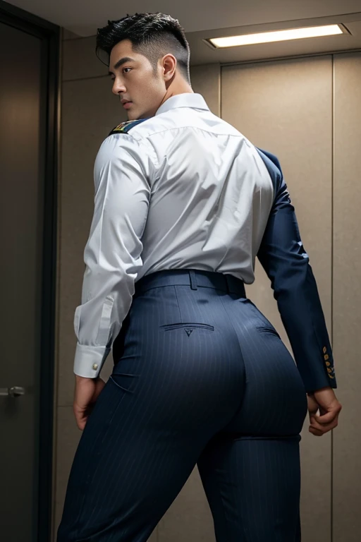 40-year-old boy ,Korean bulky male officer ,Wear navy blue police uniform shirt................ pinstripe navy blue smooth tight trouser, transparent pants obvious underwear print ,((unrealistic super big tight butt wearing pants)), legs wide open, legs on shoulder, missionary POV, men drooling