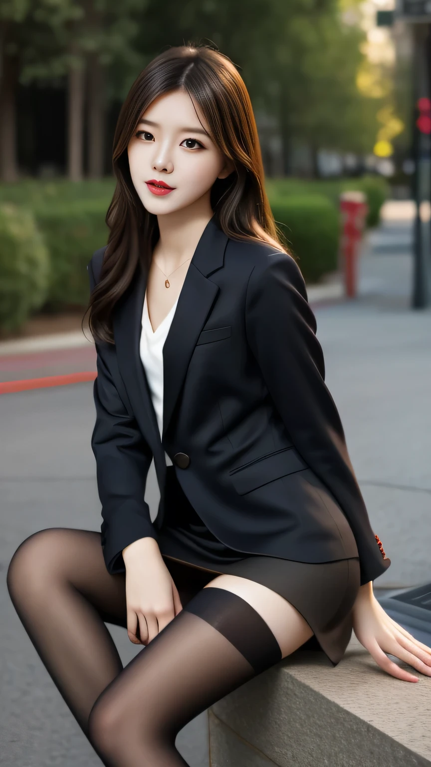 ulzzang-6500-v1.1, (RAW Photos:1.2), (Photorealistic), (Genuine:1.4), (Mastepiece), masterpiece, Absurd, The finer details, High resolution, Highly detailed face and eyes, Photorealistic, Perfect dynamic composition, Beautiful and delicate eyes, suit,short hair,Natural color lips, Sit on a chair,Crossing your legs, smile、25-year-old woman,Red Eyeshadow,Wearing pantyhose,Formal tight skirt