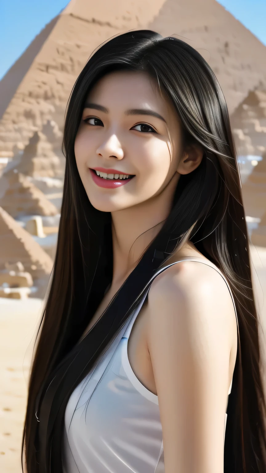 best quality, masterpiece, photo realistic, intric~toe details, RAW photos, Photon Rendering, octane rendering, absurd, very detailed, detailed face, detailed skin, trending on artst~toion, 8k masterpiece, cinem~toic lighting, ( (1 woman)),((alone)),((looking for_~to_viewer)),Trends in CG Society,visual artist,((black long hair)),((Beautiful woman)),(laugh),sexy 원피스, egyptian dress, good,((Egyptian pyramids)),((sexy)),바람to 날리는 머리카락, ((flowing hair)),happy,Fashion Magazines,