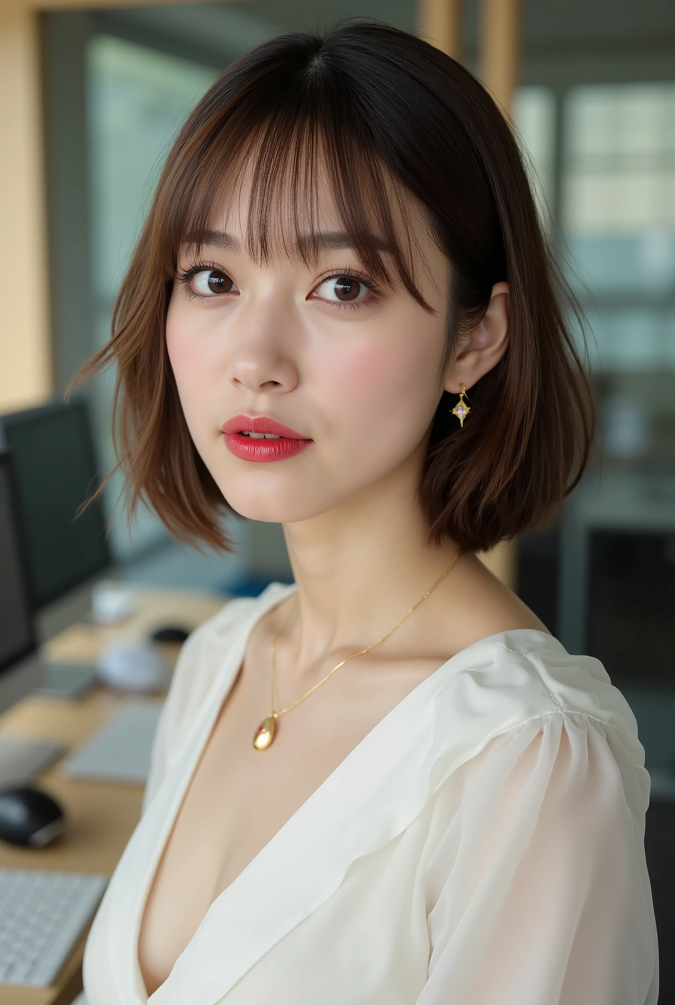 ((masterpiece)), ((high quality)), ((genuine)), ((8k)) super beautiful, cute, Yukaku, Oiran , Tanbo, Superior hotel, golden screen, Shamisen, kimono, Twelve Single kimono, Japanese people々, 30 years old, 1 female, cleavage, shoulder out, sitting on the tatami, No bra, thin, whole body, customer service, elegant woman, Sony SLR photographgraphy, 1 short hair, blonde, looking at camera, tatami room, Room with hanging scrolls, smile, realistic background, photograph,mole under eye, Front view