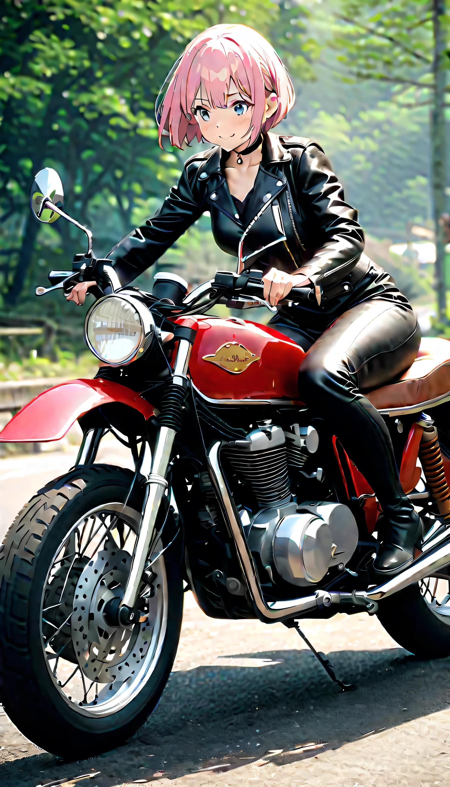 (Highest quality, 4K, 8k, High resolution, masterpiece:1.2), Very detailed, Picturesque, Anime-style photos, Photo animation:1.37)、Japanese、(Pink Hair)、(Pixie Cut)、smile、Black choker、leather jacket、Leather pants、Riding a vintage motorcycle、whole body、Nakano Ichika