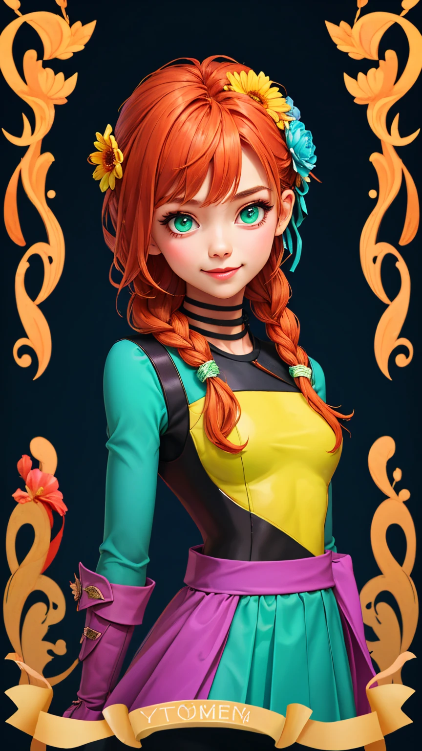 full body painting of a beautiful toxic, grinning girl with twigs and flowers in her hair. facing away. deep cleavage, wearing a crop top, redorangered color, punk woman with runic tattoos. in a fantasy temple. slim, (small breasts), (t-shirt, open vest, midriff)