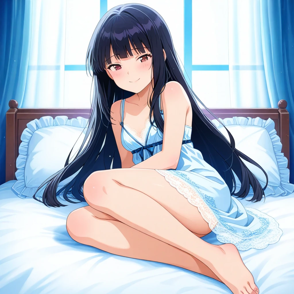 in bed,spread legs,no underwear,blush,red and blue mix night dress,jewelry,spread pussy, embarrassed, jewelry, ShibaMiyuki, hair ornament
