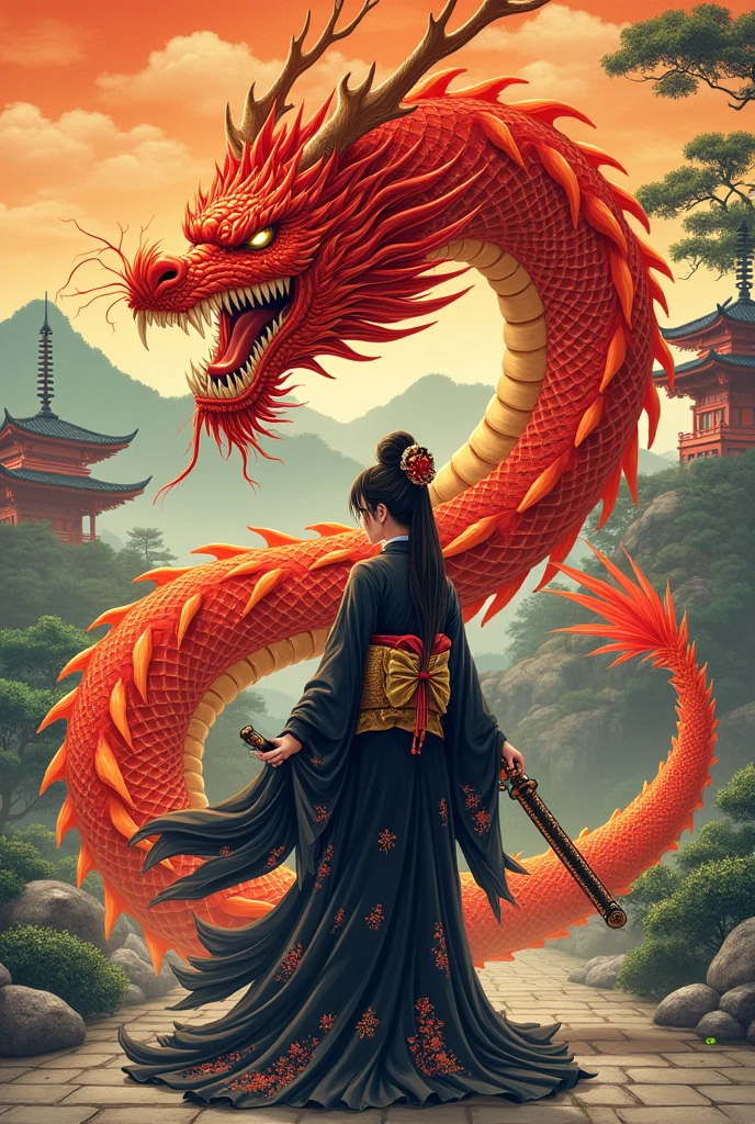(masterpiece, best quality:1.2), bite_style,1 person,girl,Divine bit,dragon,cloud,Temple,cartoon