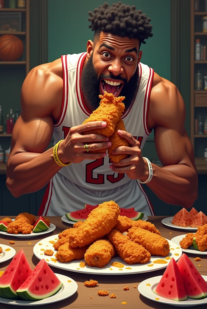 Medium muscular guy with medium long brown hair and black beanie hat eating fried chicken