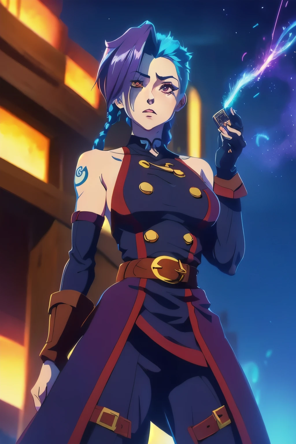 Jinx's character design, sexypose, Erotica, bare breast, teats, Beautiful figure, butt, kitty, Arcane's Jinx, Holding a sparkling and glowing box in his hands, Bright blue and purple sparks all around, glowing eyes, Red glowing eyes, hairlong, hairsh, braided into long braids, Pigtails hang below the knee, Hair color changes from bright RED to Back, Dressed in brown breeches, Leather boots on the feet, Top with four gold circles on the chest in the middle of the chest, Blue cloud tattoos on shoulders and waist, Long bangs, hanging on the right side, Belt with cartridges on the belt, A pistol in a holster on his left leg, Arcane style, extremely detailed CG unity 8k wallpaper, detailed light, Cinematic lighting, chromatic aberration, glittering, expressionless, epic composition, dark in the background, Cherecter Desing, Very detailed, Detailed body, Vibrants, Detailed Face, sharp-focus, anime art, Vibrants, Detailed Face, Hugh Details, sharp-focus, Very drooping face, A detailed eye, super fine illustration, better shadow, finely detail, Beautiful detailed glow, Beautiful detailed, Extremely detailed, expressionless, epic composition,