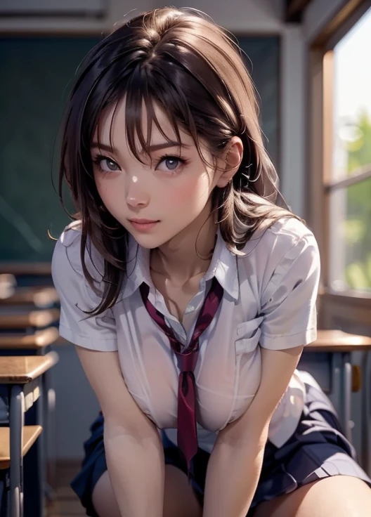 ((8k, RAW photos, top quality, masterpieces), high-definition RAW color photos professional close-up photos, (realistic, photorealism: 1.37), (highest quality), (best shadows), (best illustrations), collarbones ((big)), ((erotic, sexy, ultra high resolution, high-definition CG unified 8K wallpapers, physically based rendering, movie lighting), (aegyo sal:1), 18 year old girl, (grey blazer, ribbon, socks, high school uniform: 1.2), high school classroom, beautiful detail eyes, light on the face, ((full body shot: 1.2)), especially strong light, (upper eyes, grinning smile:1.2),shiny skin, (((black hair, bob hair:1.2))), ( thick thighs), ulzzang-6500-v1.1:0.2, shy, (flash:1.2), NSFW , (puffy), ((seductive posture: 1.2, attractive: 1.2)), (idle), (sitting at a desk in classroom: 1.2)), ((good anatomy: 1.2)), ((bright and refreshing classroom, background blurred: 1.2)), perfect face, cute face, (high angle shot:1.2)