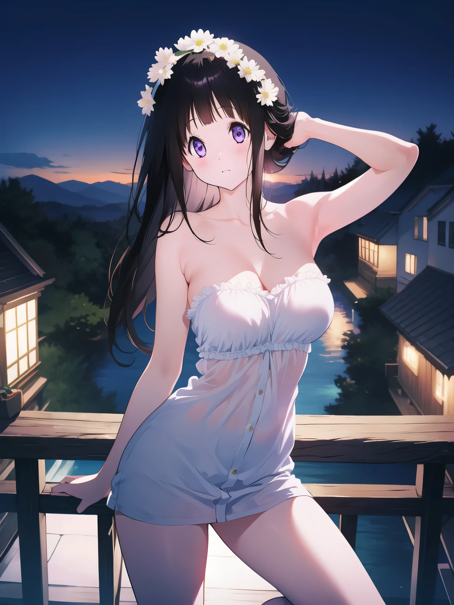 {Slender Beautiful Girl}, White Maid Swimsuit, High Resolution, Top Quality, Super Detail, Wedge, Fine Details, No Blushing, Night Pool, Beach