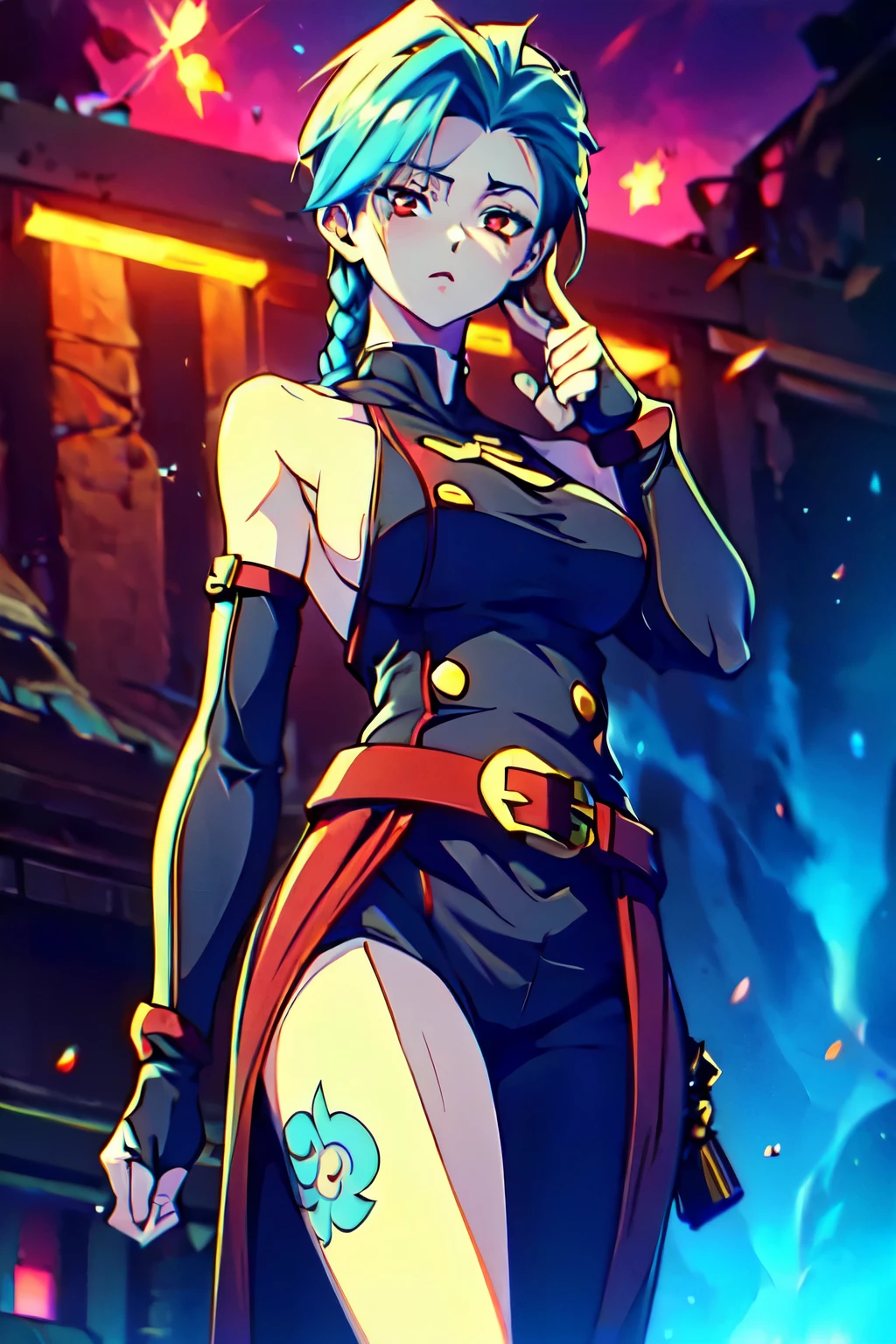 Jinx's character design, sexypose, Erotica, bare breast, teats, Beautiful figure, butt, kitty, Arcane's Jinx, Holding a sparkling and glowing box in his hands, Bright blue and purple sparks all around, glowing eyes, Red glowing eyes, hairlong, hairsh, braided into long braids, Pigtails hang below the knee, Hair color changes from bright RED to Back, Dressed in brown breeches, Leather boots on the feet, Top with four gold circles on the chest in the middle of the chest, Blue cloud tattoos on shoulders and waist, Long bangs, hanging on the right side, Belt with cartridges on the belt, A pistol in a holster on his left leg, Arcane style, extremely detailed CG unity 8k wallpaper, detailed light, Cinematic lighting, chromatic aberration, glittering, expressionless, epic composition, dark in the background, Cherecter Desing, Very detailed, Detailed body, Vibrants, Detailed Face, sharp-focus, anime art, Vibrants, Detailed Face, Hugh Details, sharp-focus, Very drooping face, A detailed eye, super fine illustration, better shadow, finely detail, Beautiful detailed glow, Beautiful detailed, Extremely detailed, expressionless, epic composition,