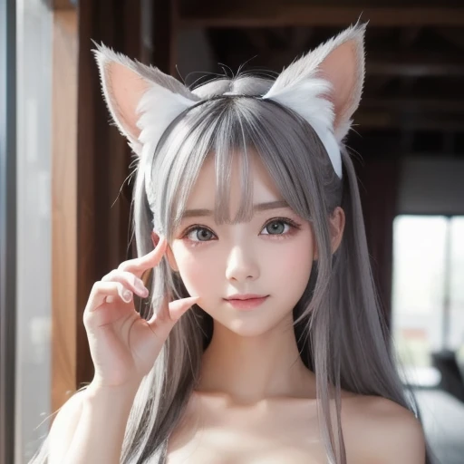 (8K)((high resolution、distinct)),Cat ear、White and beautiful skin、Small areola、hairless labia、smile、whole body、Completely naked、