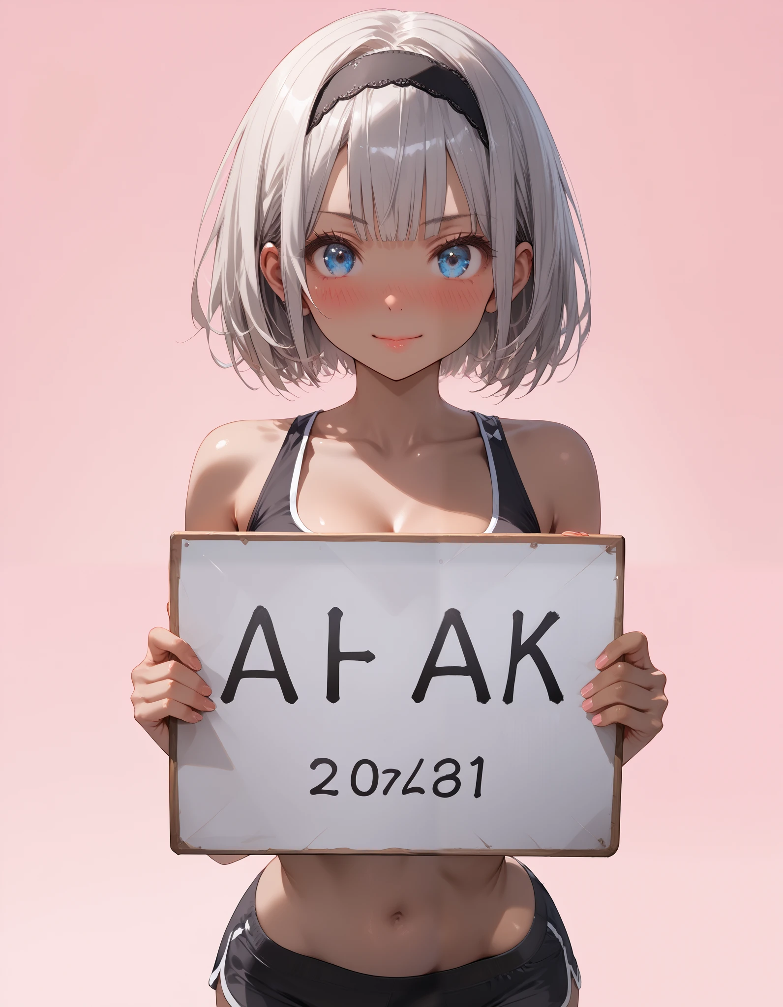 (holding with two hands, holding sign, white sign, big sign, holding blank sign:1.5), from front, upper body, dark skin, dark-skinned female, pink background, photorealistic, detailed coloring, anime style, detailed high quality, chromatic aberrations, ultra detailed quality skin, detailed ray tracing lighting, masterpiece、 best quality、masterpiece, high definition , 8K quality, perfect face, 1 girl, beautiful face, beautiful detailed eyes, Alone, cute face、Beautiful silver hair、blue eyes, (bob cut, hair band:1.2), Blunt bangs, 24-years-old, (tsurime), スレンダー、美しい顔、細いウエスト、(embarrassed, nose blush, from front:1.2), smile, closed mouth, red cheek, medium breasts, large butt, looking at viewer, cleavage, hair slicked back, collarbone, Staring at the viewer, (crop top, revealing clothes, sports shorts), ass line, cowboy shot, dynamic angle, sexy pose, sensual expression, sensual pose, pink background,