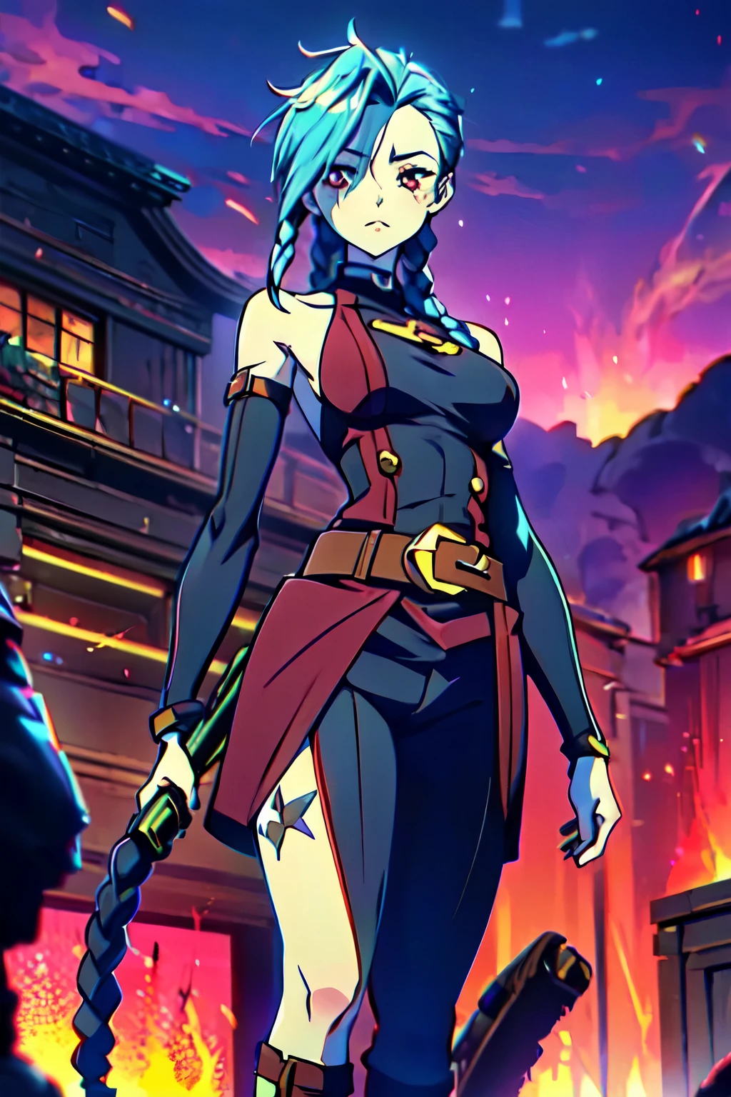 Jinx's character design, sexypose, Erotica, bare breast, teats, Beautiful figure, butt, kitty, Arcane's Jinx, Holding a sparkling and glowing box in his hands, Bright blue and purple sparks all around, glowing eyes, Red glowing eyes, hairlong, hairsh, braided into long braids, Pigtails hang below the knee, Hair color changes from bright RED to Back, Dressed in brown breeches, Leather boots on the feet, Top with four gold circles on the chest in the middle of the chest, Blue cloud tattoos on shoulders and waist, Long bangs, hanging on the right side, Belt with cartridges on the belt, A pistol in a holster on his left leg, Arcane style, extremely detailed CG unity 8k wallpaper, detailed light, Cinematic lighting, chromatic aberration, glittering, expressionless, epic composition, dark in the background, Cherecter Desing, Very detailed, Detailed body, Vibrants, Detailed Face, sharp-focus, anime art, Vibrants, Detailed Face, Hugh Details, sharp-focus, Very drooping face, A detailed eye, super fine illustration, better shadow, finely detail, Beautiful detailed glow, Beautiful detailed, Extremely detailed, expressionless, epic composition,