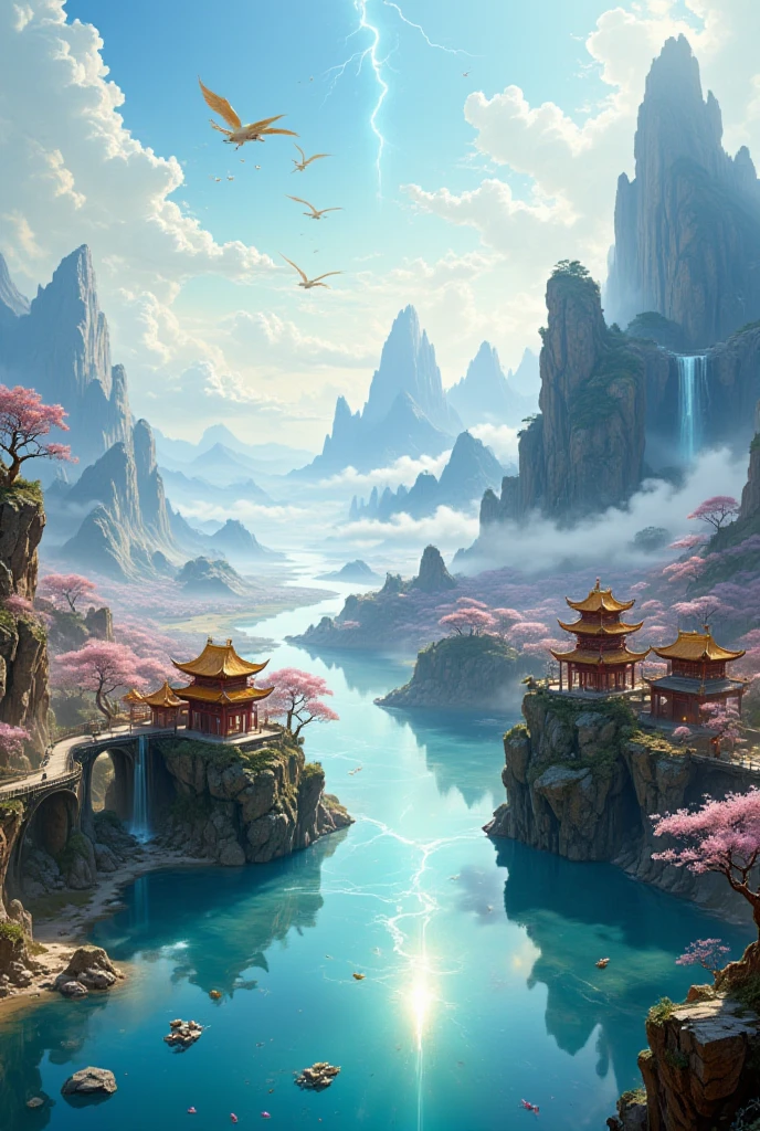  Xian Xia Valley with majestic mountains ,  crystalline lake and ancient temple with golden roofs . Soft waterfalls ,  arched bridges ,  floating lanterns and mystical creatures like cranes and spirit foxes.  Sky with ethereal dragons ,  golden sacred tree and cherry blossoms under magical mist .