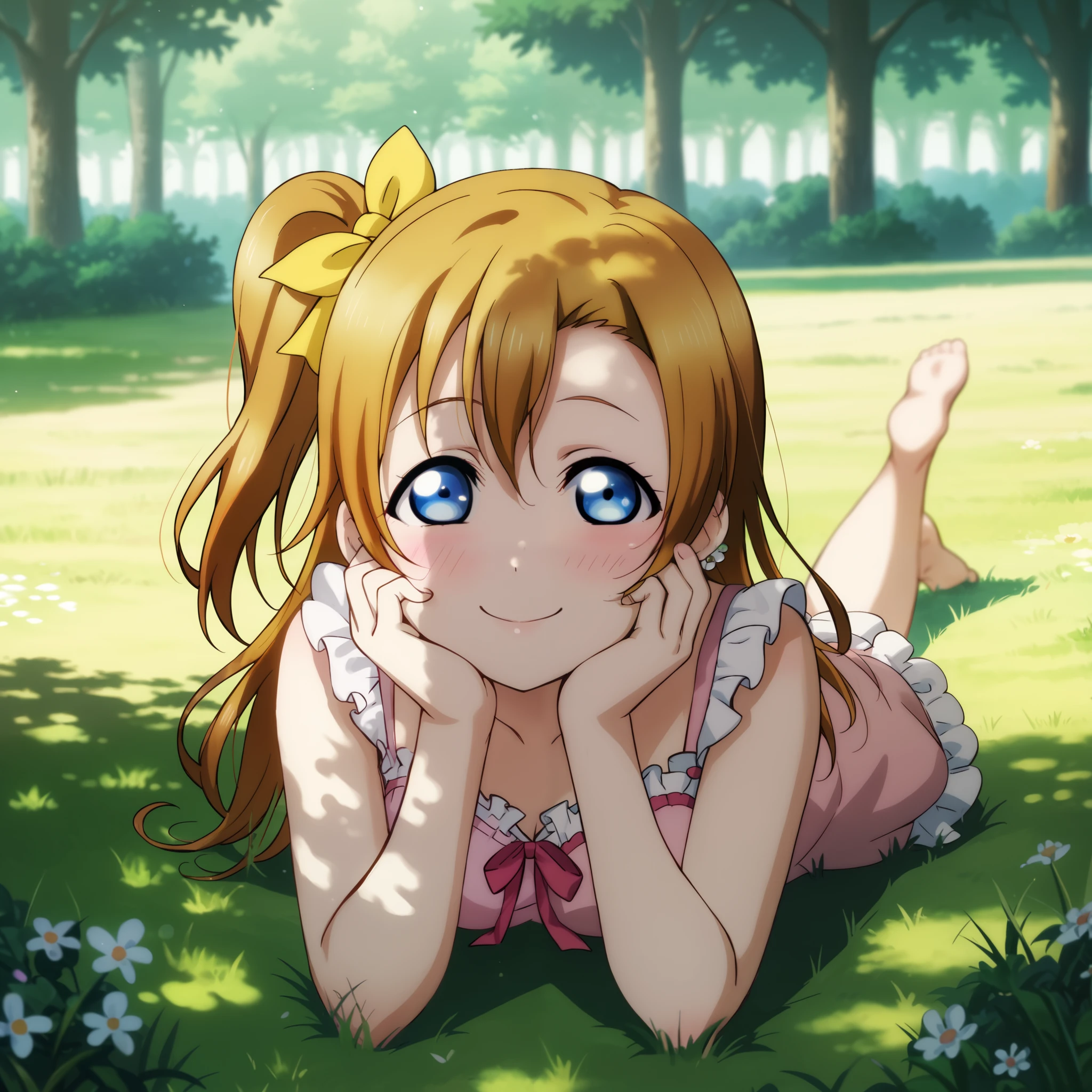 (Masterpiece, Best Quality, High Quality), anime style, love live,kousaka honoka , kousaka honoka,id_honoka_kosaka,love live, blue eyes, brown hair, 8k wallpaper, looking at viewer, earrings, (blushing:1.2) , laying on ground, on stomach, negligee , smile ,grass, hands in cheeks, elbow support, tree shade, front view, yellow hair ribbon