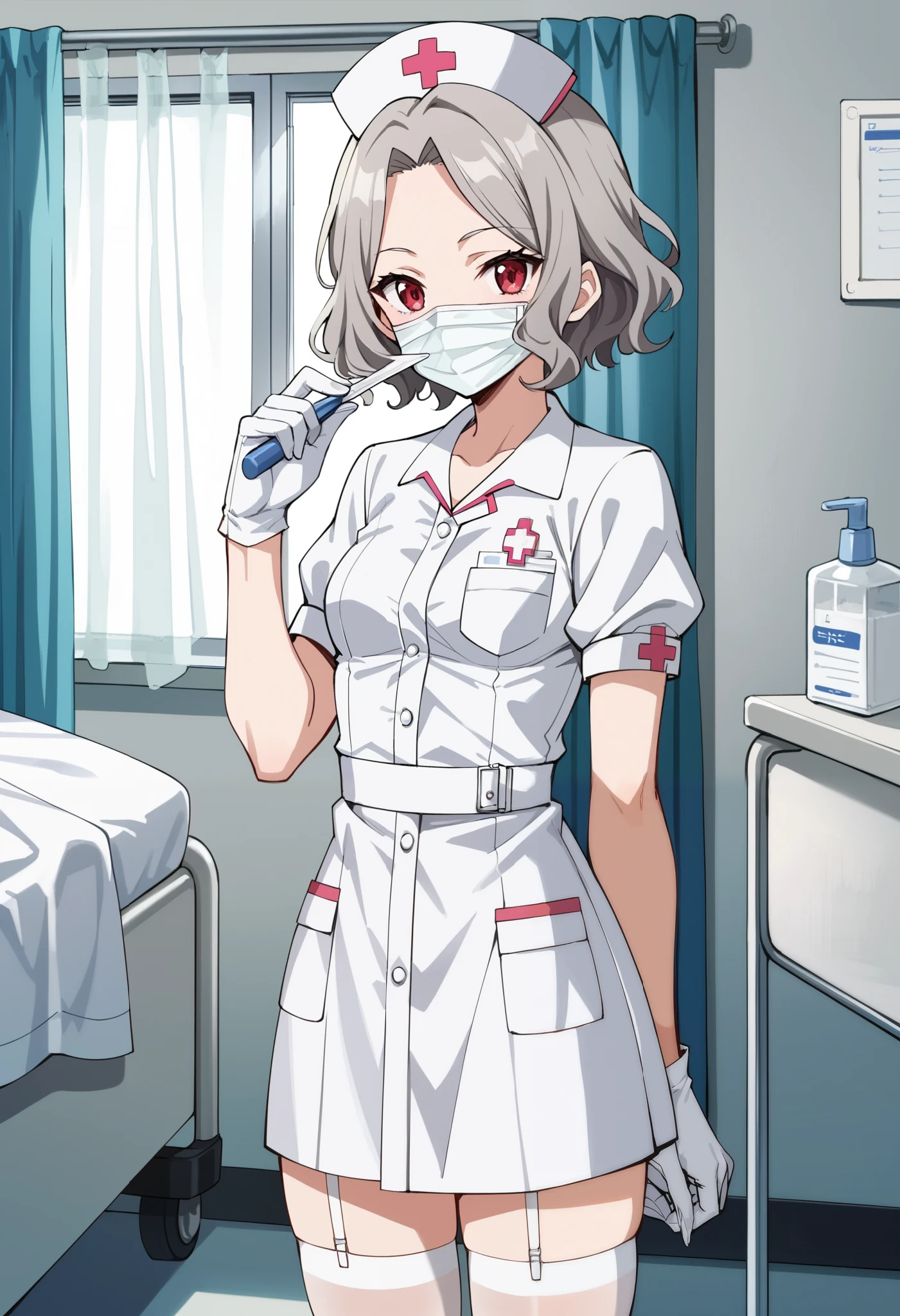 Score_9, score_8_up, score_7_up, source_anime, Tomo Ebizuka, wavy hair, grey hair, short hair, forehead, parted bangs, red eyes, small breasts, (best quality), (high quality), {masterpiece}, extremely delicate and beautiful, ultra-detailed, beautiful detailed eyes, nurse, nurse hat, ((white nurse's outfit)), white gloves, white legwear, zettai ryouiki, hospital room, ((white surgical mask, covered nose)), standing
