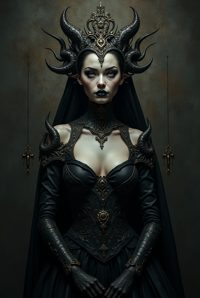 a demon girl in a leather nun dress, golden bustier, black goat horns, perfect youthful face, mysterious and dark aura, red lips, dark fantasy, intricate details, inspired by gothic art, sharp focus, full body shot, cinematic lighting, chiaroscuro, moody atmosphere, dramatic shadows, painterly style, muted color palette, high contrast, detailed textures, gritty grungy, photo-realistic, masterpiece, 8k, best quality