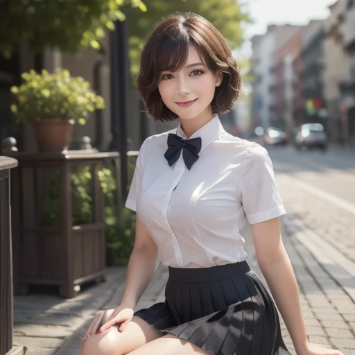 (8k, RAW photo, highest quality, masterpiece:1.2), (realistic, photo-realistic:1.37), super detailed, 1 girl,cute, alone,beautiful and detailed sky,Detailed cafe,night,sitting,date,(blush your nose),(smile:1.1),(closed mouth),big breasts, seductive smile, wide opening, professional lighting, Sony α7R4, Zessie 50mm F1.8, detailed and beautiful eyes,(collared shirt:1.1), bow tie,pleated skirt,(short hair:1.2),floating hair