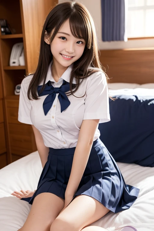 Browsing Caution、8K,Highest quality, masterpiece, Very detailed, Ultra-high resolution, Realistic, RAW Photos, , Absolute Resolution, Complete limbs、Complete Anatomy、Perfect beautiful skin、pretty girl1人,pretty girl 、、(smile:1.2)、Lolita Girl、(school uniform:1.3)、(Short sleeve white collar shirt:1.1)、 、、Micro Mini Skirt、、Accentuate your thighs、pretty girl、 , Realistic young gravure idol, Japanese Girls、、alone、(bedroom:1.2)、