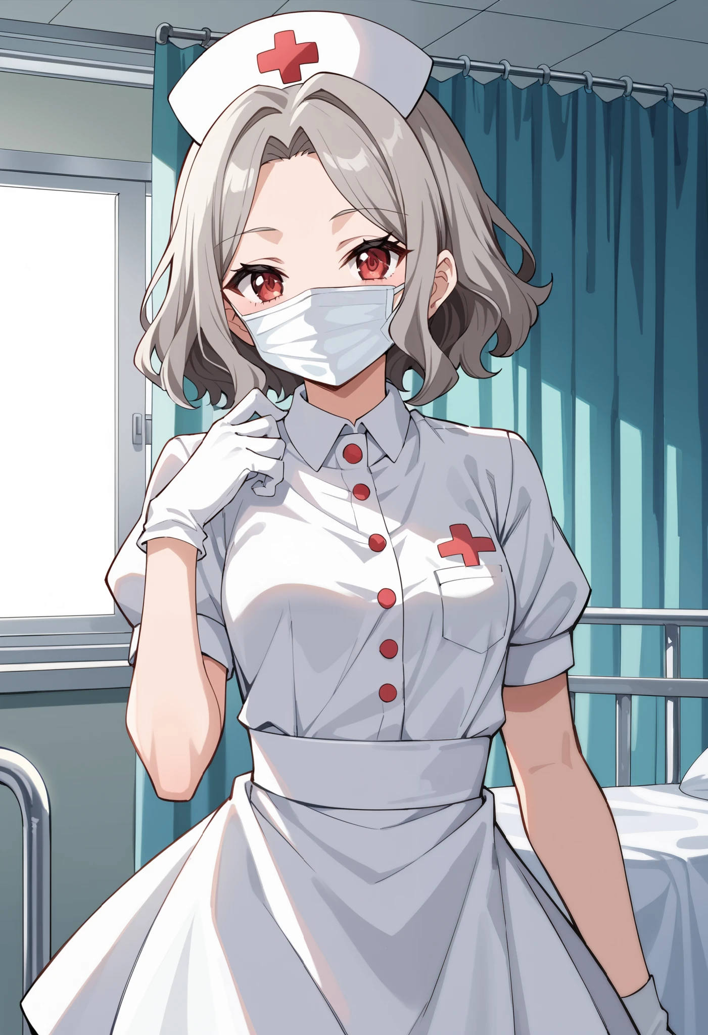 Score_9, score_8_up, score_7_up, source_anime, Tomo Ebizuka, wavy hair, grey hair, short hair, forehead, parted bangs, red eyes, small breasts, (best quality), (high quality), {masterpiece}, extremely delicate and beautiful, ultra-detailed, beautiful detailed eyes, nurse, nurse hat, ((white nurse's outfit)), white gloves, white legwear, zettai ryouiki, hospital room, ((white surgical mask, covered nose)), standing
