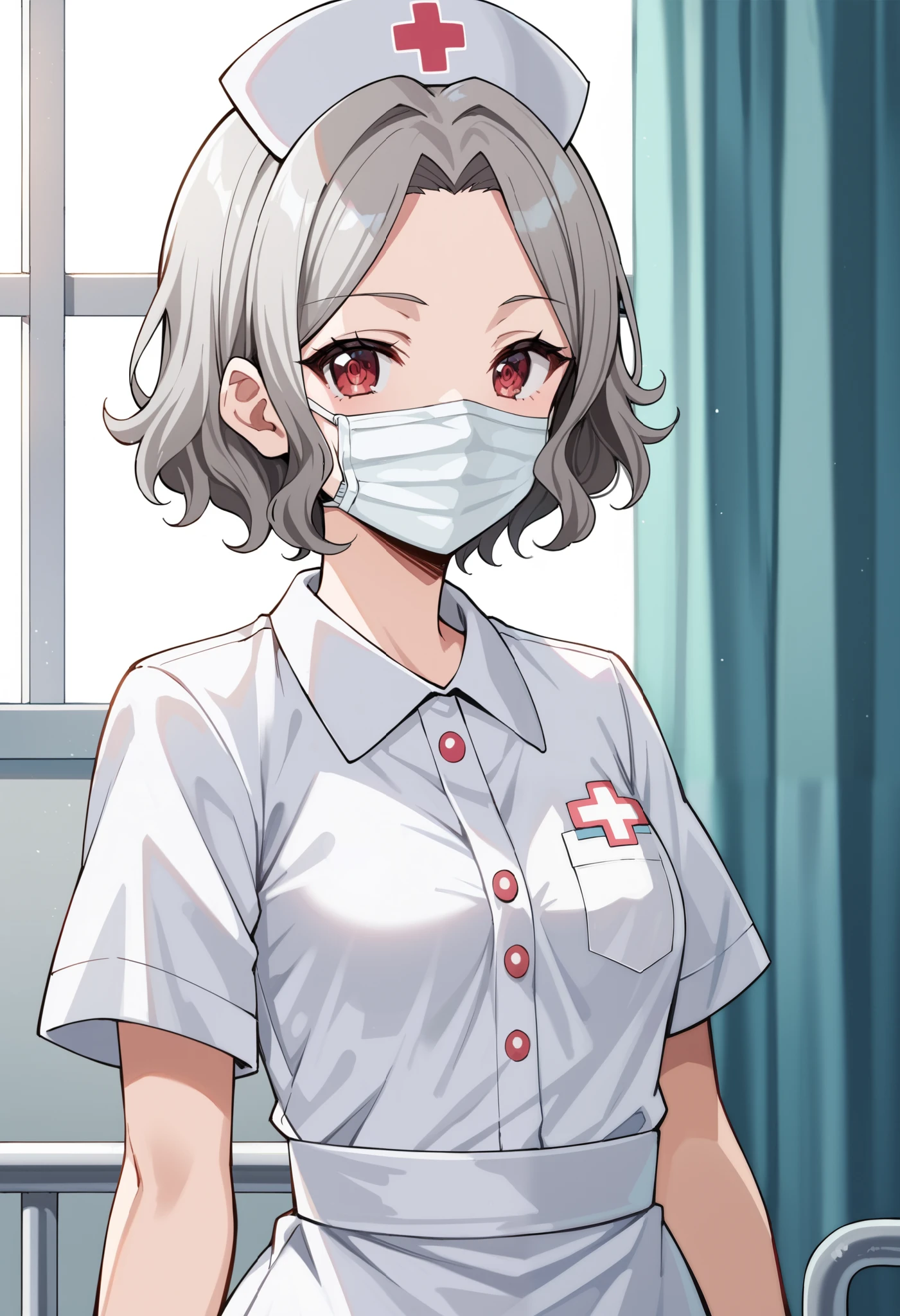Score_9, score_8_up, score_7_up, source_anime, Tomo Ebizuka, wavy hair, grey hair, short hair, forehead, parted bangs, red eyes, small breasts, (best quality), (high quality), {masterpiece}, extremely delicate and beautiful, ultra-detailed, beautiful detailed eyes, nurse, nurse hat, ((white nurse's outfit)), white gloves, white legwear, zettai ryouiki, hospital room, ((white surgical mask, covered nose)), standing