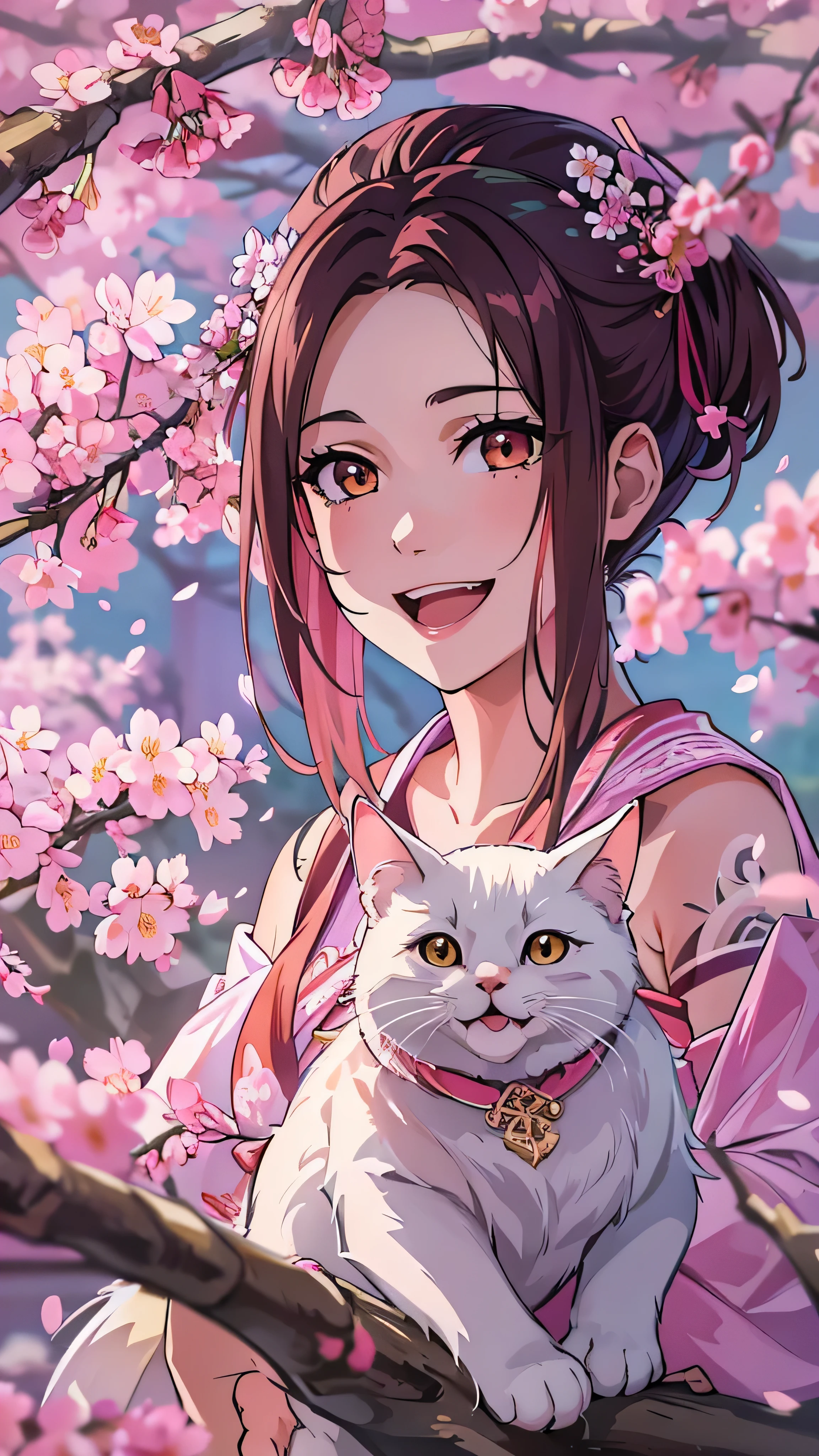 in high definition,Masterpiece, best quality , 1 girl, Face Details , medium hair with visible tattoos ,Full body high definition image、 stage, cherry blossoms, temple, pretty girl, detach sleeve, Playing with a cat, happy, Smiling and looking at camera。