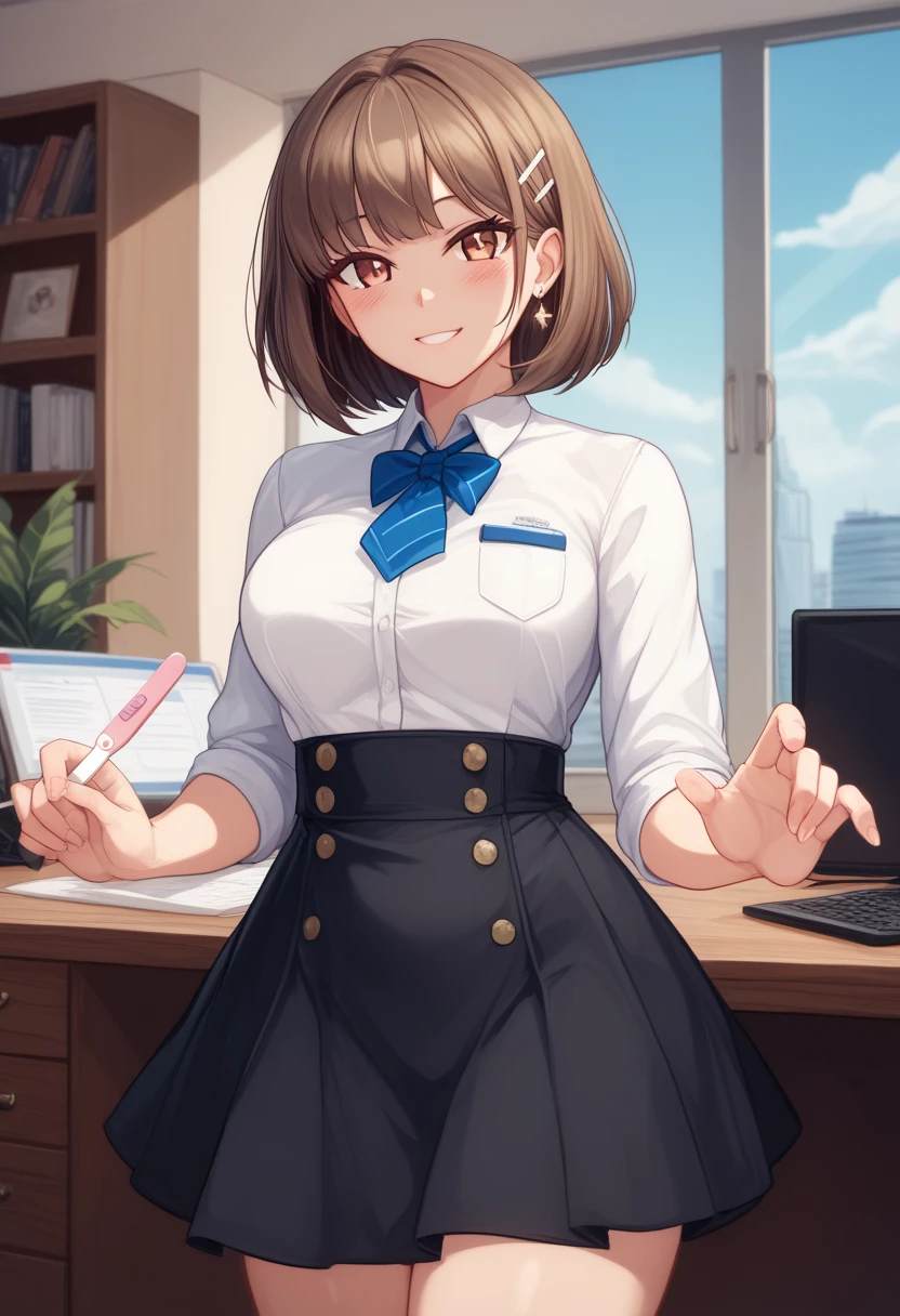Ultra-detailed finish、(High resolution、highest quality)、Masterpiece、Ultra-detailed beautiful faces、Beautiful dark eyes、(bank teller, bow, short sleeves, pantyhose, white shirt, pencil skirt, Check vest:1.1)、Very cute beautiful girl、18-year-old、Inner thighs、Are standing、Slim and long beautiful legs、(embarrassed:1.2), (blush:1.1), (Embarrassing:1.2), brown hair, messy hair, short hair, indoor, erect nipples, (pussy juice)