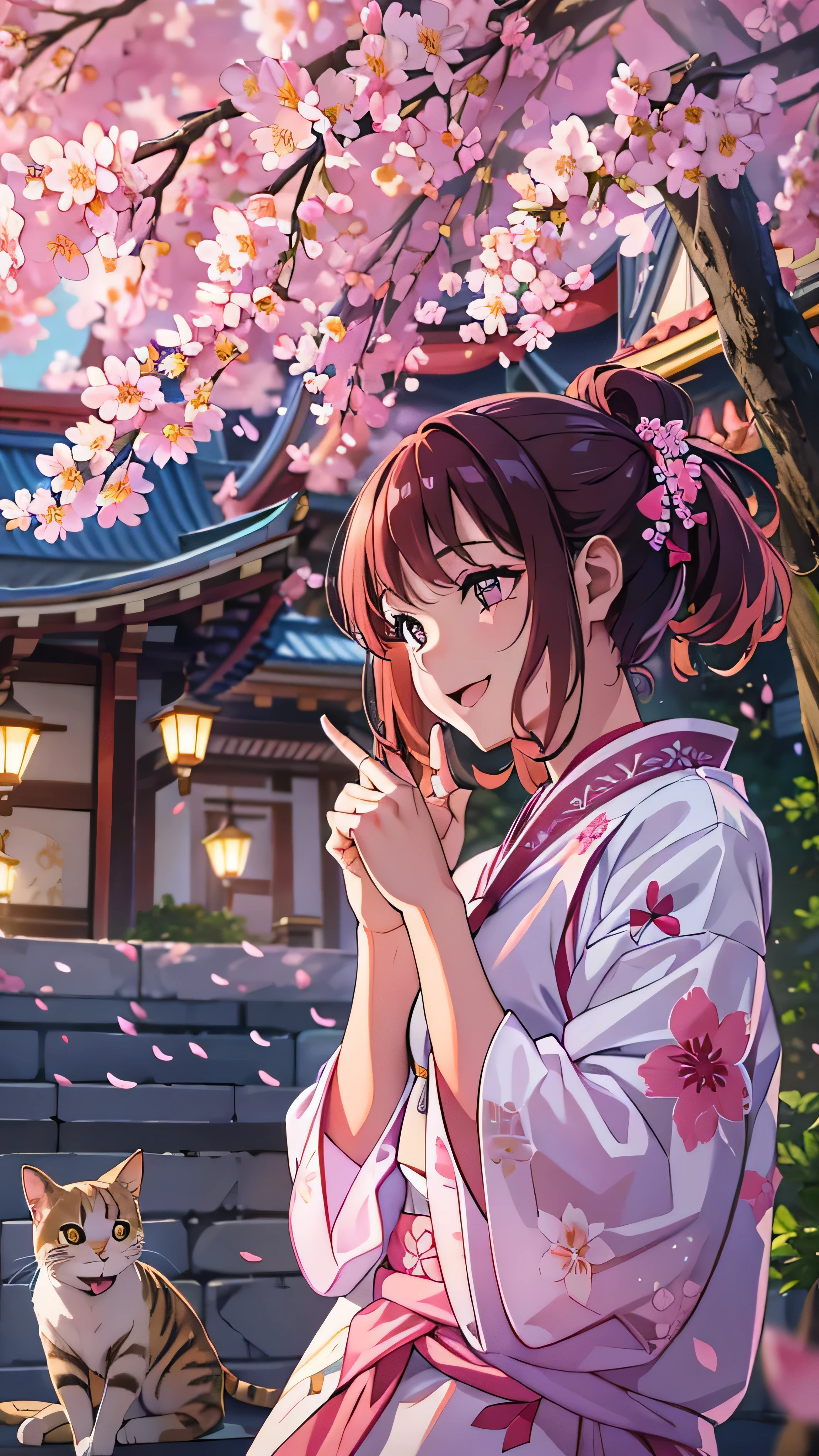 in high definition,Masterpiece, best quality , 1 girl, Face Details , medium hair with visible tattoos ,Full body high definition image、 stage, cherry blossoms, temple, pretty girl, detach sleeve, Playing with a cat, happy, Smiling and looking at camera。