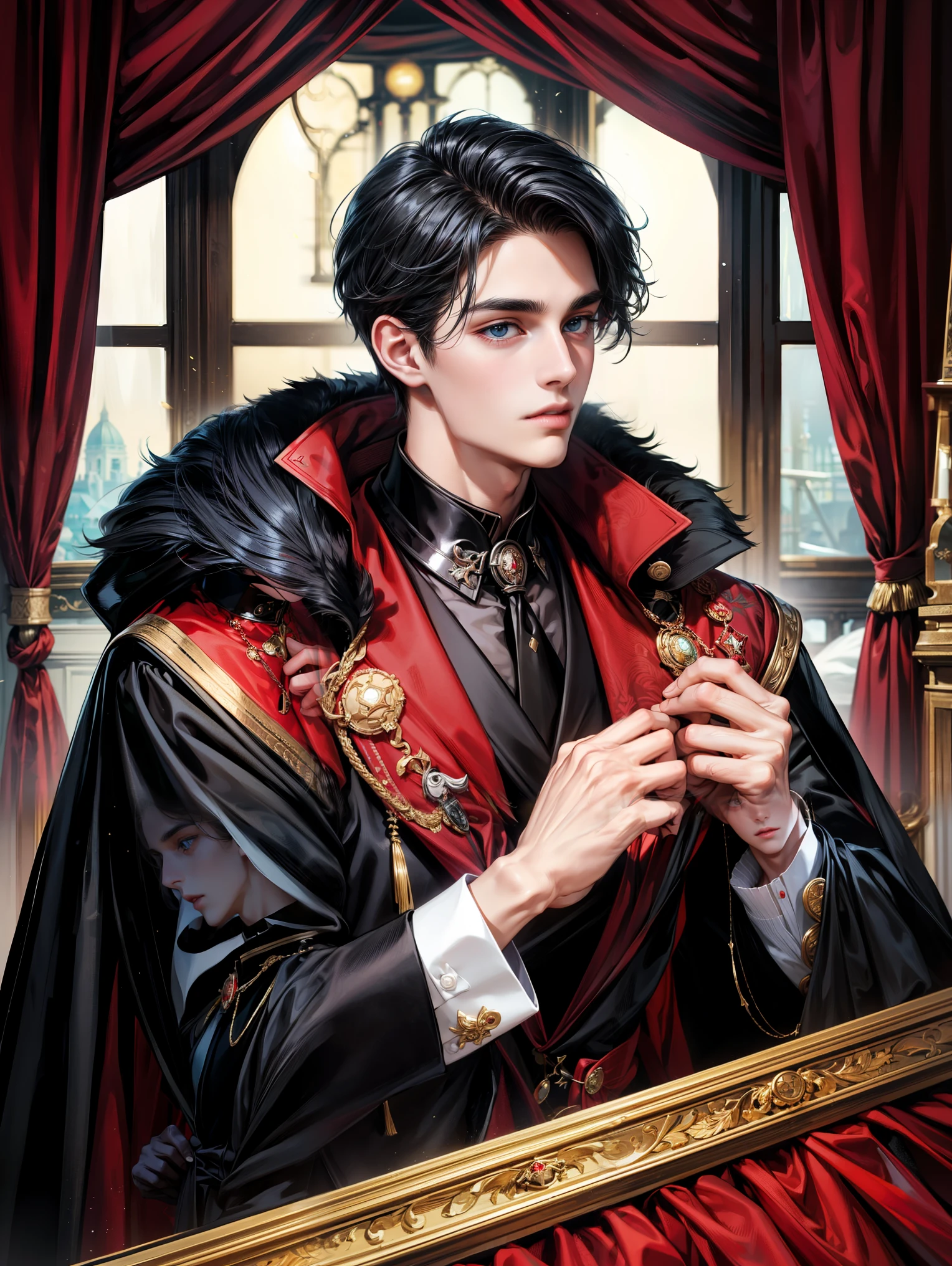 Masterpiece, 最 high resolution, high resolution, 1. boys, Alone, , upper body, Viewers , Messy black hair , Adorable big blue eyes, white, Noble, Noble, sexy and voluminous 、 very tall big
Very voluminous with stand-up collar, big, very big, very big, length, length red and black cape with a high stand-up collar, black cloak made of fabric that reaches the floor 、 tuxedo、 cute beautiful, cute , cute , kind、Thin cheeks 、Beautiful man with big eyes