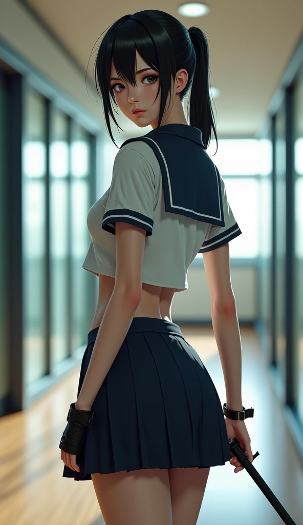 (Beautiful mercenary girl: 1.5), beautiful girl, pretty face, Sexy girl, young girl, 20 years old, slim girl, black hair, green eyes, beautiful smile, short hair, straight hair, small breasts, Slim waist, legs thin, thigh gap, (she is wearing a sexy school uniform: 1.3), school girl, exposed belly, (blue mini skirt: 1.3), (pleated skirt), (showing her white panties : 1.3), (thong), (butt: 1.2), military accessories, belt with military suspenders, combat belt, leg holster, tactical gloves, back view, from behind, looking from behind, (from bellow), futuristic and decadent setting, best quality, masterpiece, ultra-realistic , Ultra-detailed, 8K