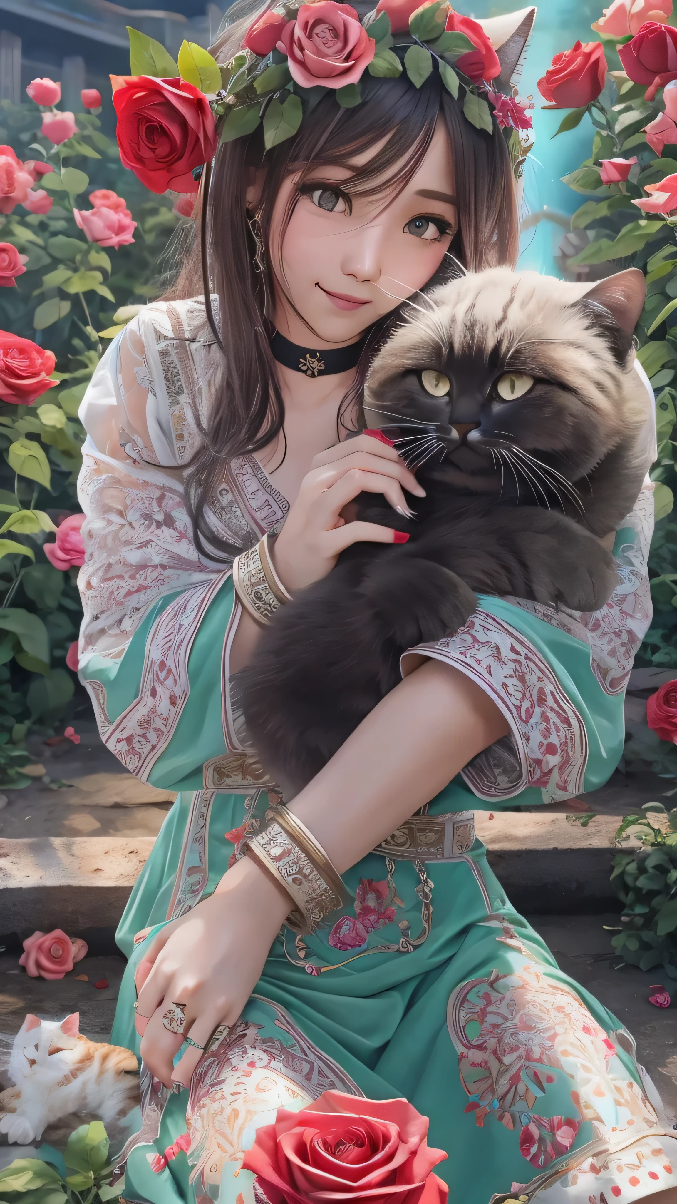 in high definition,Masterpiece, best quality , 1 girl, Face Details , medium hair with visible tattoos ,Full body high definition image、 stage, A flower bed full of red roses, temple, pretty girl, detach sleeve, Playing with a cat, happy, Smiling and looking at camera。