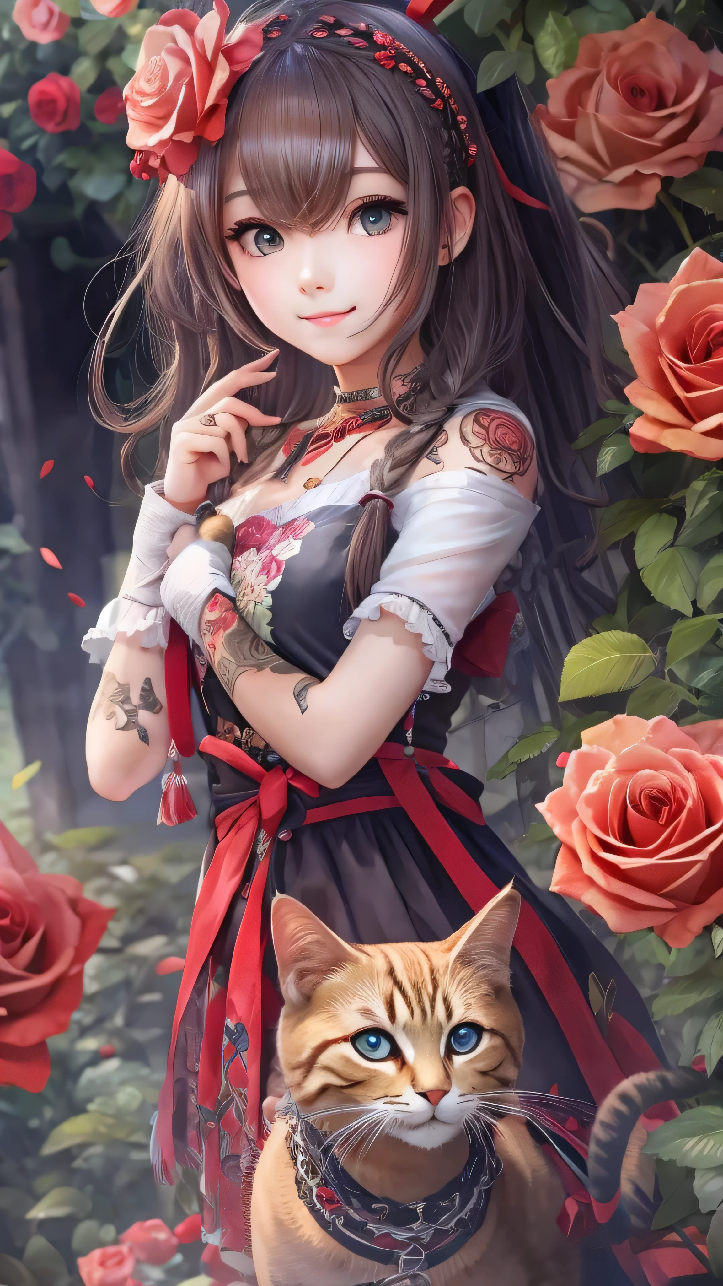 in high definition,Masterpiece, best quality , 1 girl, Face Details , medium hair with visible tattoos ,Full body high definition image、 stage, A flower bed full of red roses, temple, pretty girl, detach sleeve, Playing with a cat, happy, Smiling and looking at camera。