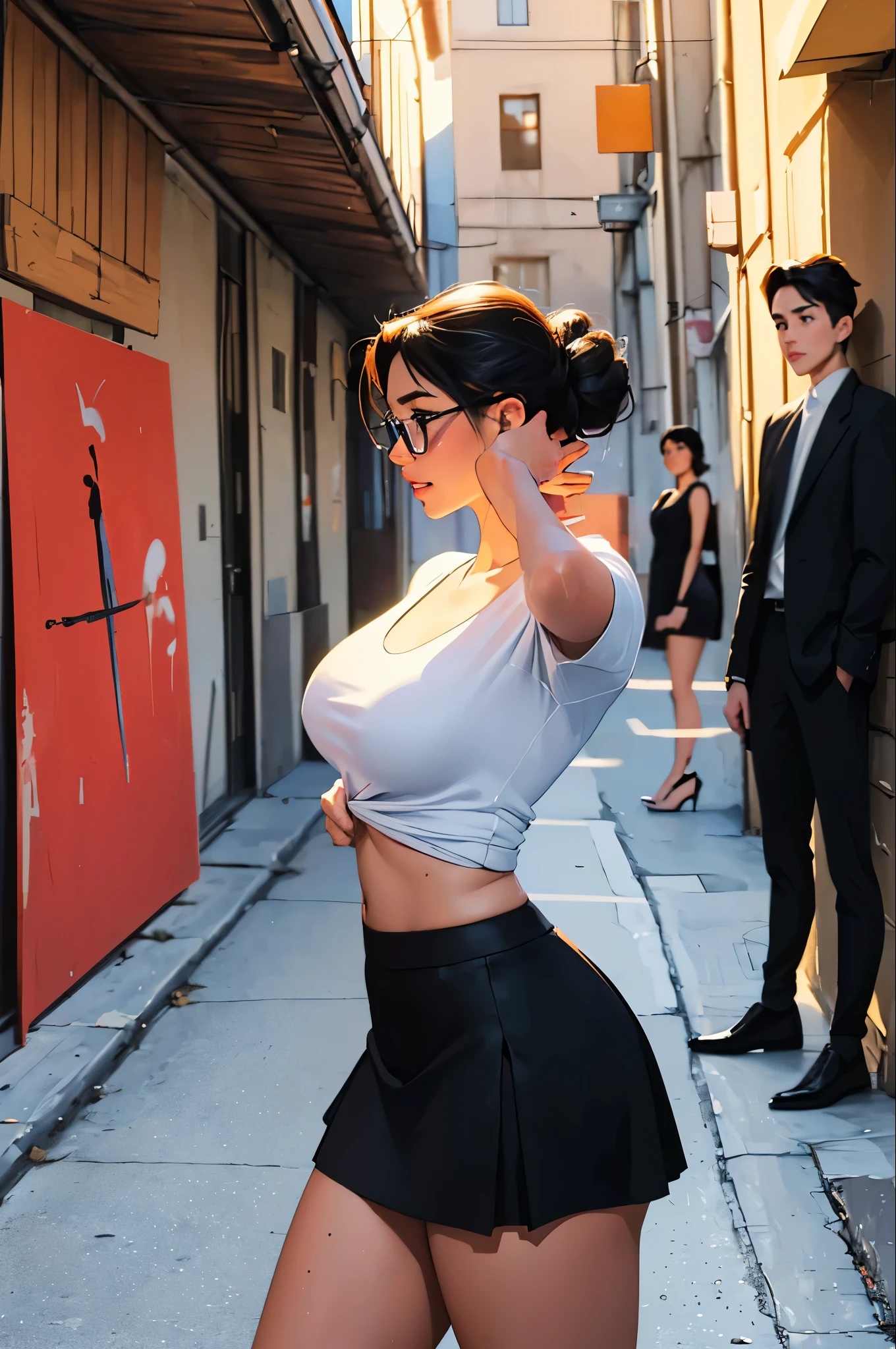 m um estilo de arte de anime semi-realistic,  a Curvy mature woman with black hair tied in a professional bun,  wearing feminine business attire ,  including a blazer ,  a knee-length skirt , and tight,  herself wearing glasses,  with a nostalgic look in his eyes , is standing. aparência de vagain this, (cartoon-style bold line work:0.5), (vibrant colors, cel shading:  fanzando paint ,  a boy in the setting .  artistic confusion . Sex music. ((3 girls, 2 boys.)100% ) Em um estilo de arte de anime semi-realistic,  a curvy mature woman with short black hair ,  in bright blue  ,   wearing feminine business attire ,  including a blazer ,  a knee-length skirt , and tight,  with a nostalgic look in his eyes , is standing. aparência de vagain this, (cartoon-style bold line work:0.5), (vibrant colors,  shading : 1.0,   painting ,  a boy in the setting .  artistic confusion . Sex music. ((3 girls, 2 boys, 100% ) , (( uncensored)). --tensor-- . 1.0)-- --(semi-realistic),  best quality, HDR, sparkles, reflection,  perfect edges , clear,  super intense colors .((Trinity)), maduro,  natural saggy breasts  ,  in a dirty garage, sweaty skin, Raised top , underboobs, tilted view , fear, (((mistreated))), ((( arms tied))), (((cameltoe panties))),  side view ,  big thighs e protuberantes , big body, bulges ,  big thighs,  thin waist, Bulging, face, (((in this))), gluteal , (( showing the teeth )), income, socks , (teacups), ( shiny ), (polished), (beautiful), (fancy)  , art by atey ghailan, painterly anime style at pixiv,  art by kantoku , in art style of redjuice/necömi/Rella/tiv pixiv collab, your name anime art style, masterpiece digital painting, exquisite lighting and composition, inspired by wlop art style, 8k, sharp, very detailed, high resolution, illustration , intricate detail,  hyper-anime , (anime:0.5), (photorealistic subject), (ultra high resolution textures:1.2), trending on artstation, 8k, fluid motion, stun