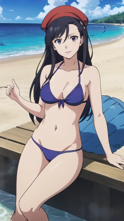 highest quality, 8K resolution, anime screen capture, anime color, anime key visual, one girl, cute, long black hair, 18 years old, big breasts, (Show swimsuit, beach, back, butt:1.3), perfect anatomy, beautifully intricate face, intricately detailed eyes, beautiful fine hair, beautifully intricate body, beautiful contour, vivid colors, vibrant lighting
