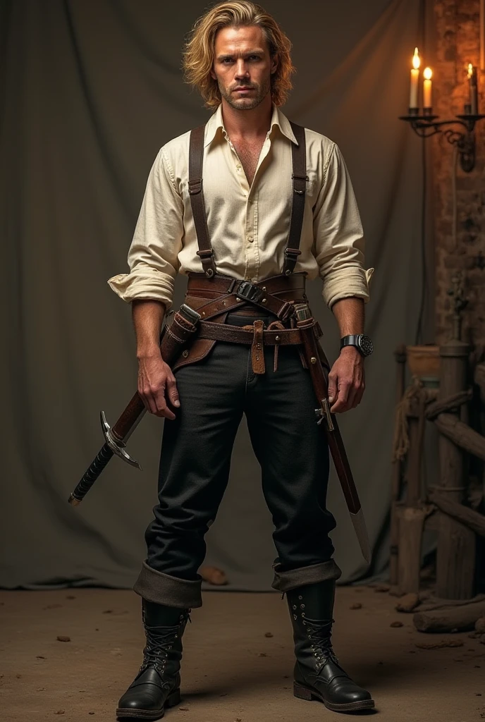 Creating Arnold
@ Arnold
Young man with blond hair that goes up to his neck
Blue eyes serious appearance
Wearing peasant clothing, white shirt, black pants with black boots , has a one-handed sword that is placed in a sheath of 28-year-old . brown wood tied around the back
Scene : The tavern explodes and he gets hurt