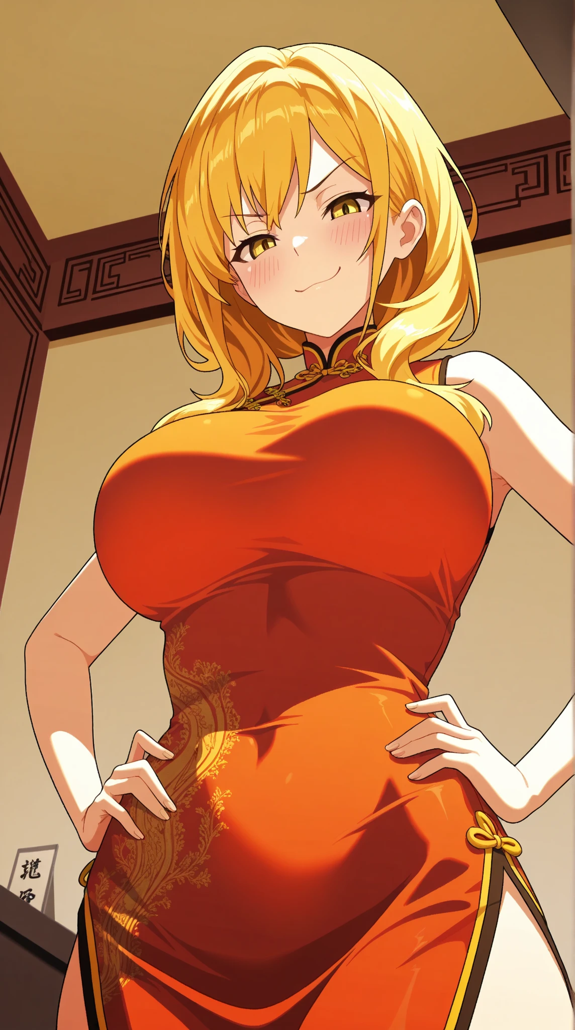 sarielx, pink chinese dress , cleavage cutout, (night outdoor chinese temple background), anime cels style, best quality, high resolution, 1girl, (huge breasts:1.2), beautiful face, cowboy shot, heterochromia, braided ponytail, braided bangs, smiling, looking at viewer, god rays