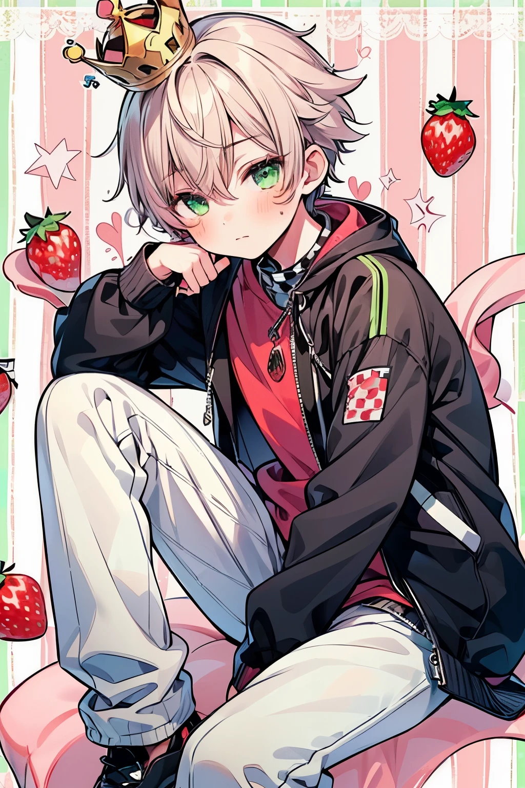 ((1-boy:1.5)),((gay:1.3)),((男:1.2)),照れ顔,((Many strawberry mark:1.0)),(knee length puffer jacket:1.0),(Strawberry shaped crown:1.25),strawberry-pink-color hair,green eyes,((Checker pattern background:1.3)),(NSFW:0.5)