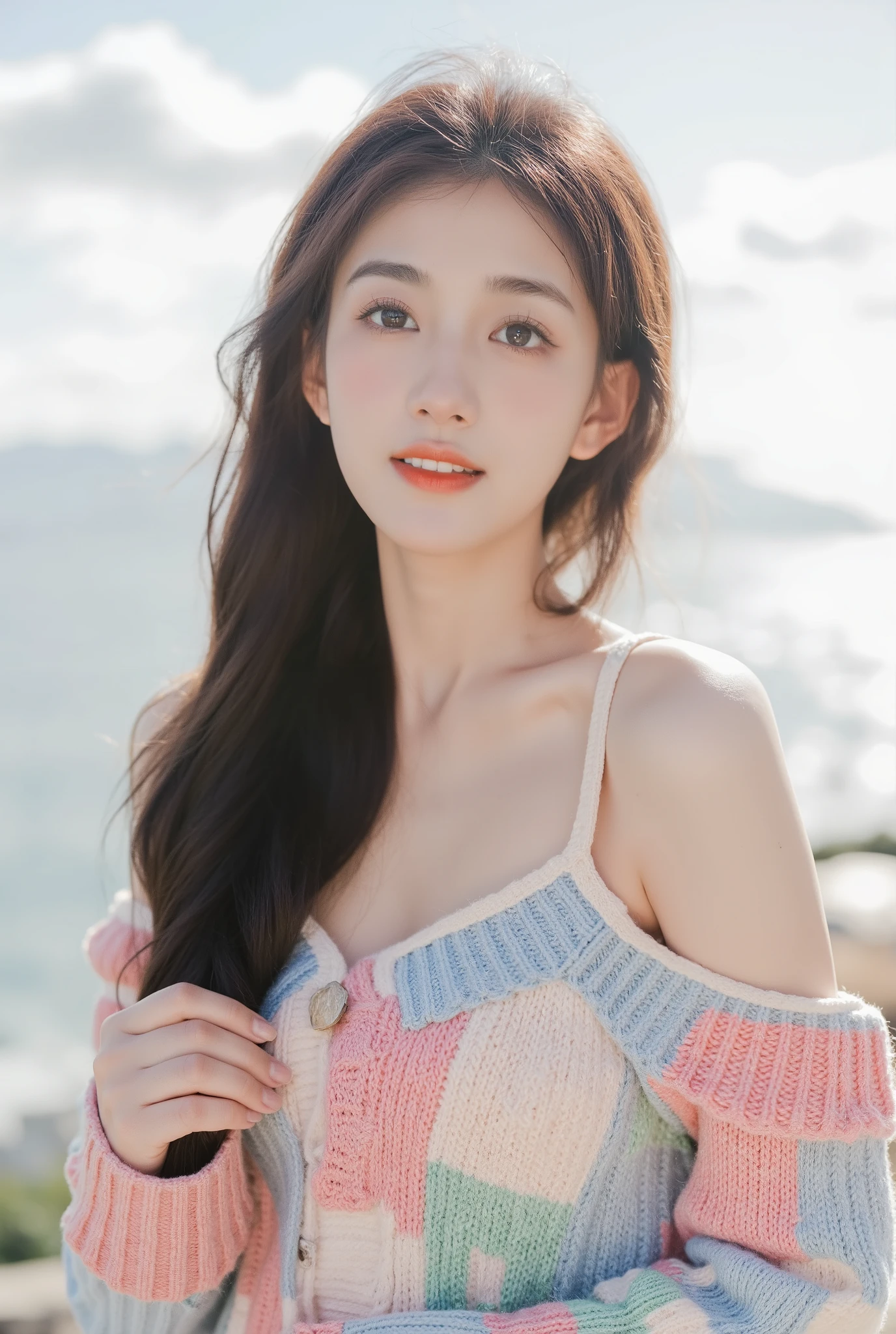 clear details,clear picture of a young japanese lady,8765.HEIC,soft light,Side-Swept Curls: Glamorous curls swept over one shoulder for a romantic touch,Her youthful skin is delicately fair with a silk-like texture,Color-Blocked Knit Top: A top with color-blocked panels in a knitted fabric,Cheerful Outlook: With a cheerful outlook,she turns every day into a bright adventure,sky and cloud,