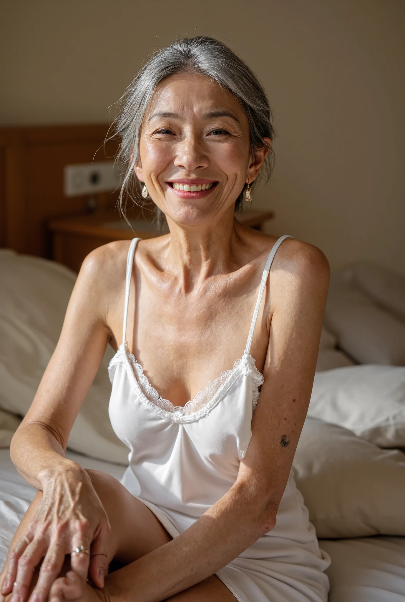 Photorealistic 、 full body image 、5 beautiful old women who are good friends、70 years old、 Japanese、Charismatic Old Prostitute 、 with a thin and poor body、Damaged gray hair, bald hair 、 small wrinkles and freckles and moles on the skin 、Wedding Rings、Happy smile、I'm wearing a small, obscene mini nightgown in pure white、Stiletto heels、They are having fun together in a gorgeous SEX room at a beautiful high-end brothel illuminated by the bright sun、 looking at the camera