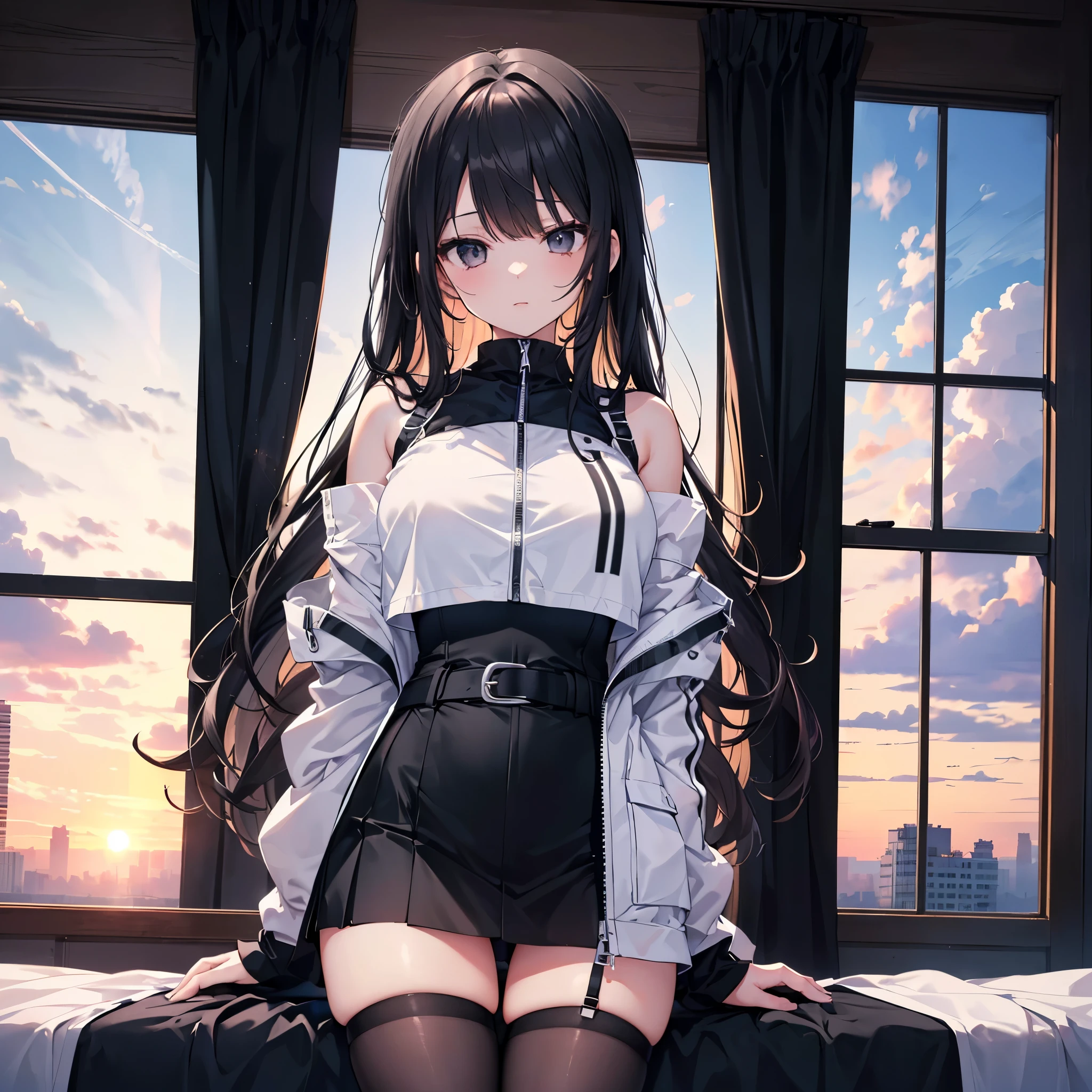 Masterpiece,1girll,Solo,Black hair,White dress, white thighhighs,(Kneeling:1.3),(bound arms, ),Bondage,Cord,Bound, Blush,Light smile, Arm Raised, Closed mouth, Torn clothes,
