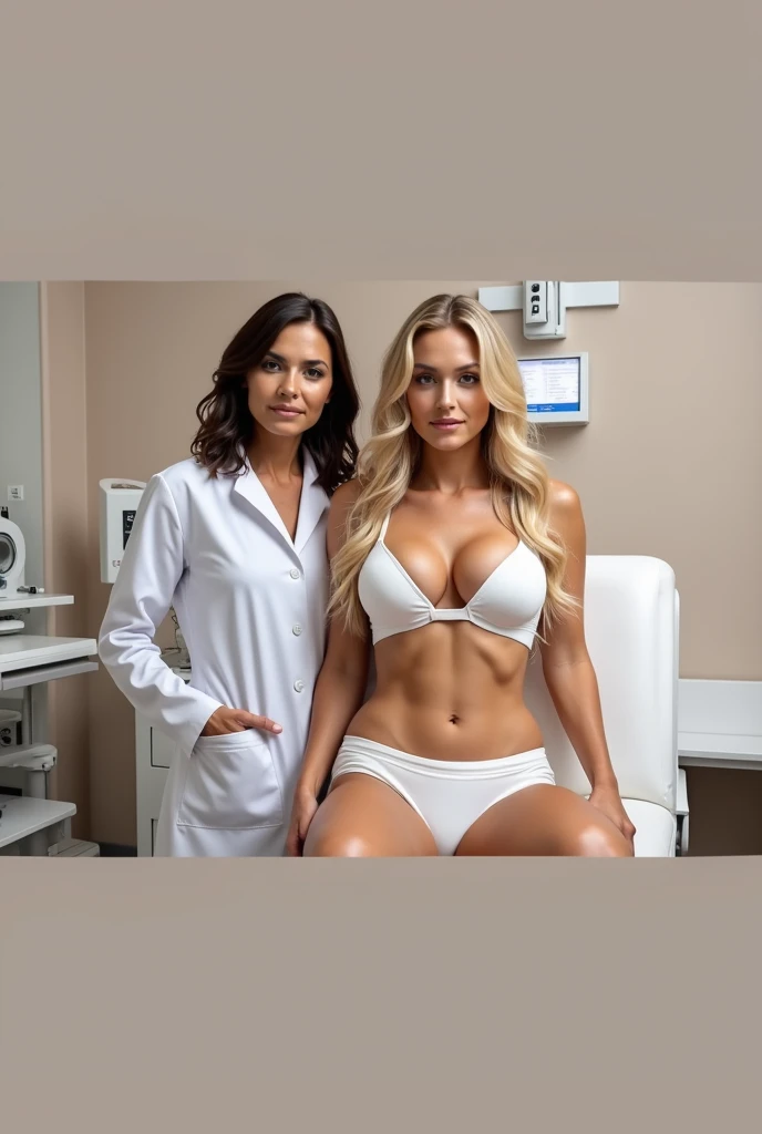 Short hair female doctor giving an erotic treatment with a blonde patient with large breast, athletic body, and muscle, wearing white bra in the doctor's room.