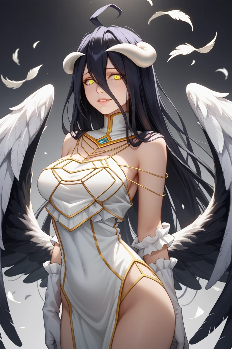 1girl,Line Art,monochrome,sketch,Pencil drawing,traditional media,1girl, breasts, solo, horns, long hair, albedo (overlord), wings, large breasts, dress, hip vent, black wings, white gloves, gloves, looking at viewer, black hair, white dress, bare shoulders, hair between eyes, yellow eyes, feathered wings, demon horns, smile, feathers, demon girl, cleavage, slit pupils, detached collar, bangs, very long hair, closed mouth, black feathers, cowboy shot, covered navel, elbow gloves, white horns, standing, demon wings ,